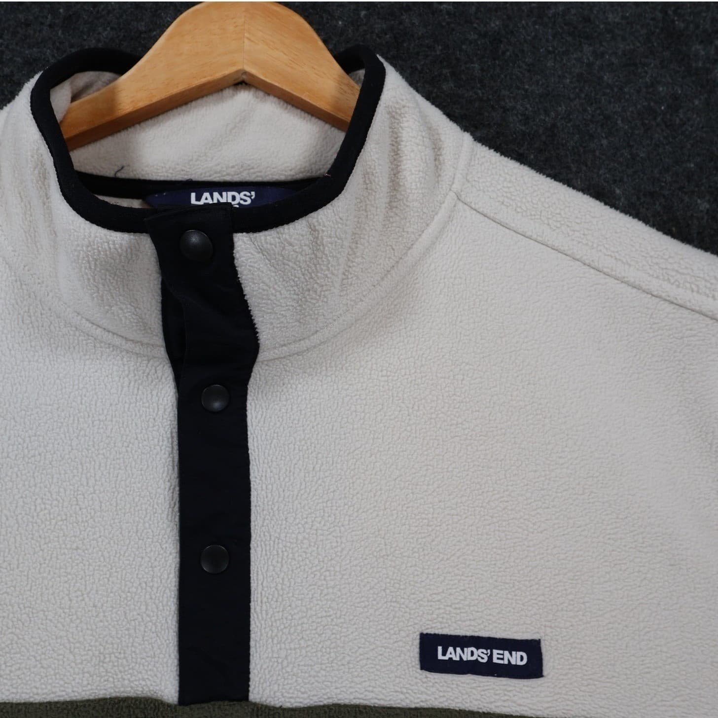 Lands End Fleece Pullover Mens XXL Cream Green Excellent Colorblock Snap Neck - Thumbnail 10