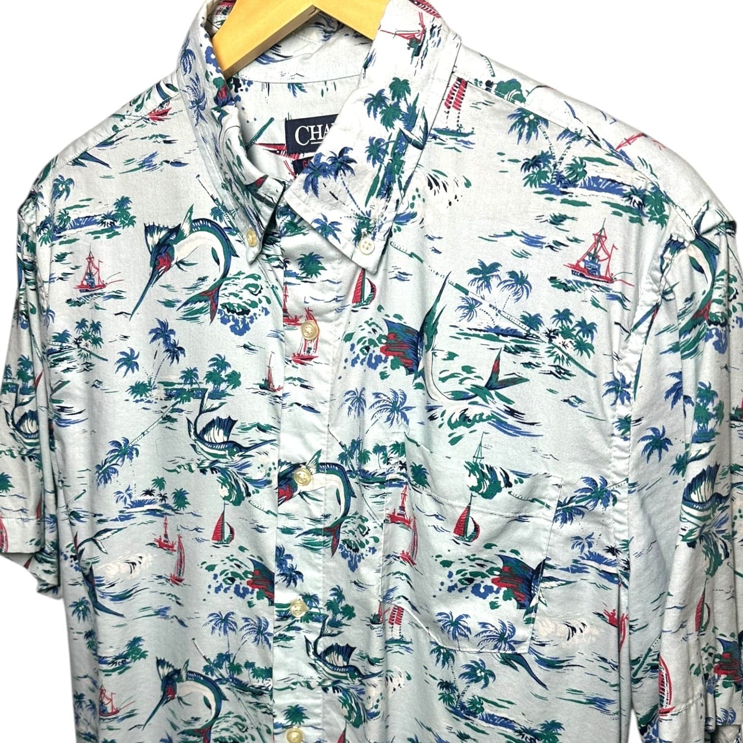Chaps Men's L Light Blue Tropical Marlin Untucked Short Sleeve Button Up Shirt - Thumbnail 4