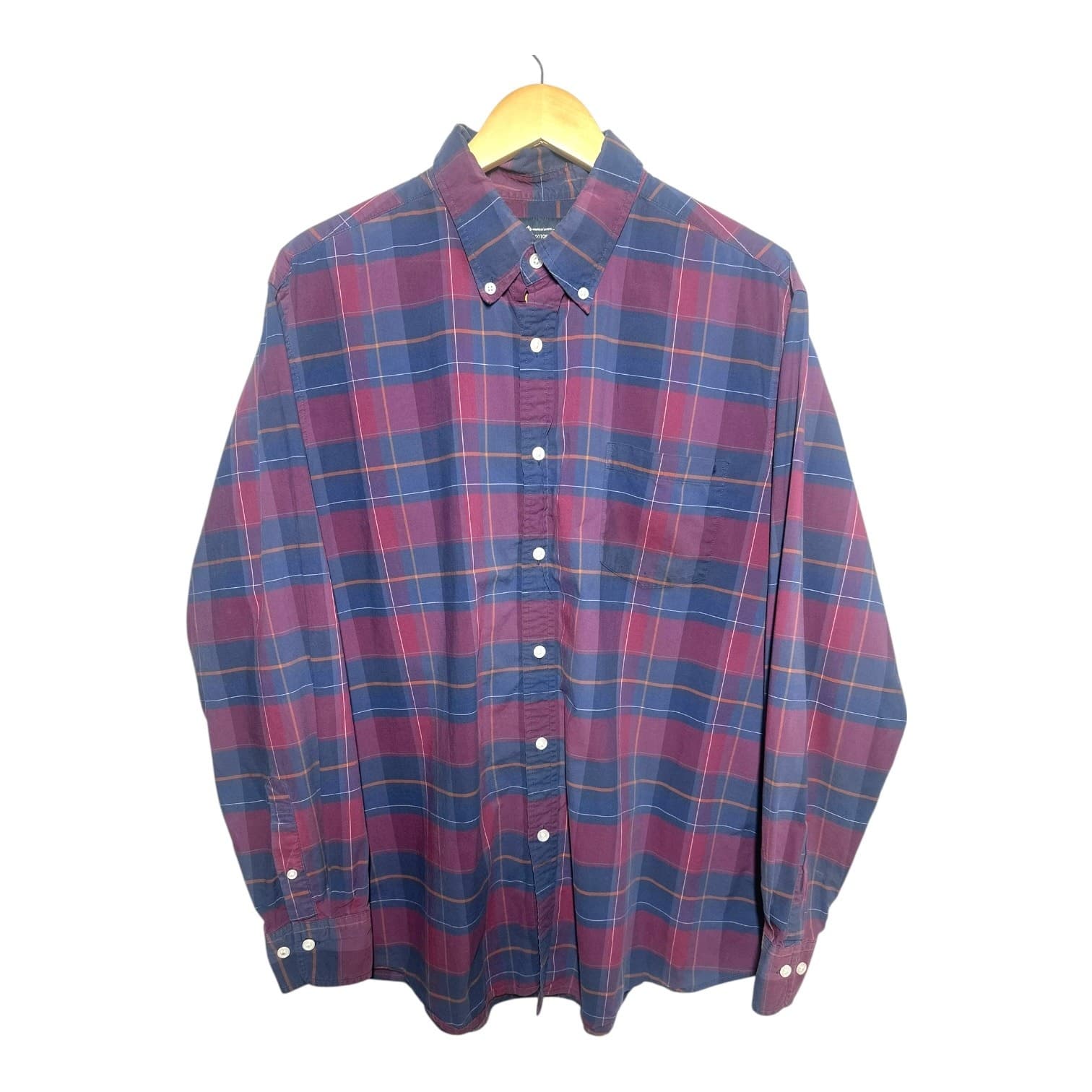 Member's Mark Men's XL Navy Burgundy Plaid Cotton Poplin Button Down Shirt - Thumbnail 4