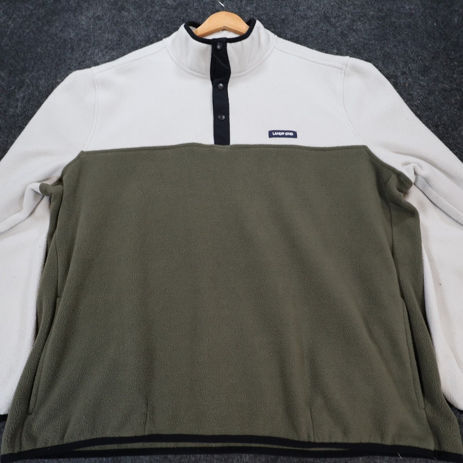Lands End Fleece Pullover Mens XXL Cream Green Excellent Colorblock Snap Neck - Thumbnail 11