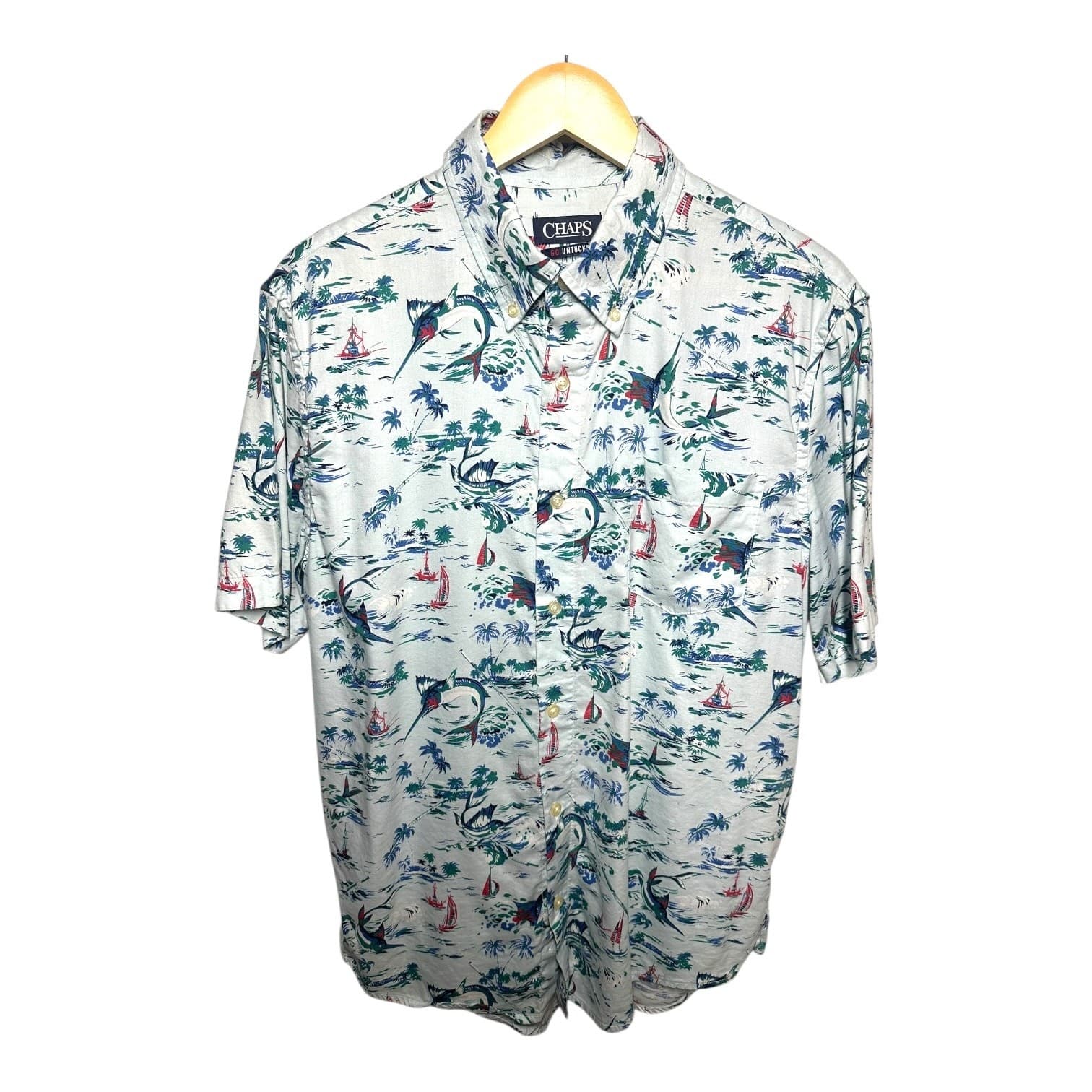 Chaps Men's L Light Blue Tropical Marlin Untucked Short Sleeve Button Up Shirt - Thumbnail 2