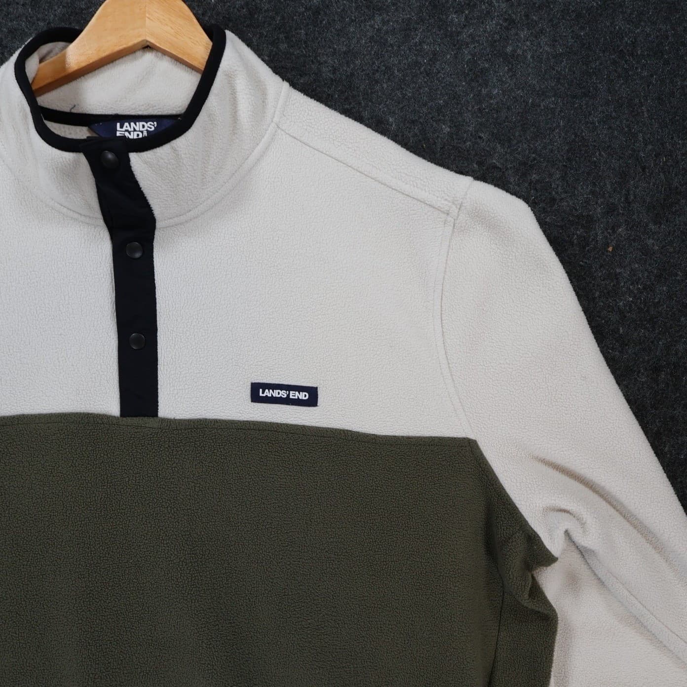 Lands End Fleece Pullover Mens XXL Cream Green Excellent Colorblock Snap Neck - Thumbnail 9