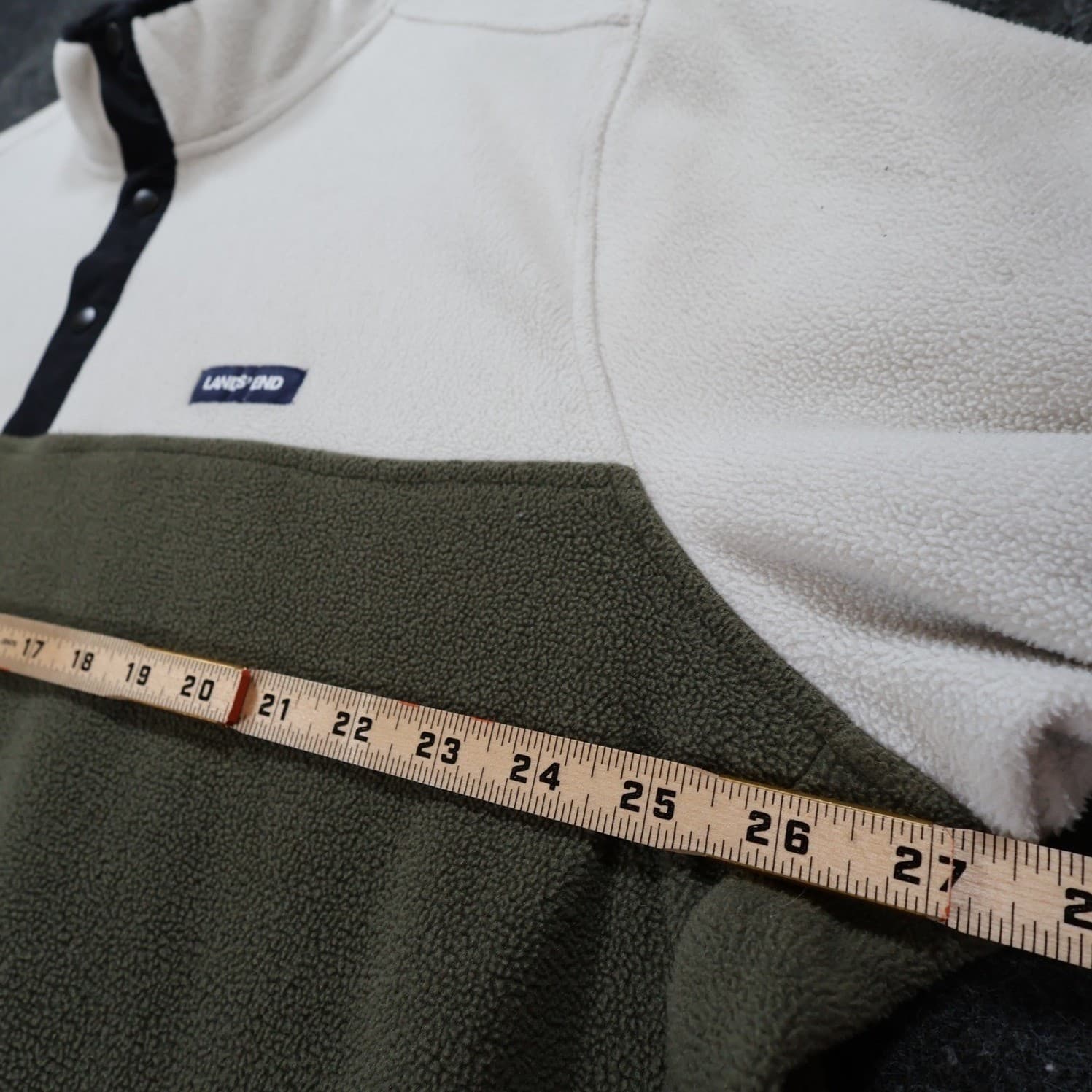Lands End Fleece Pullover Mens XXL Cream Green Excellent Colorblock Snap Neck - Thumbnail 3