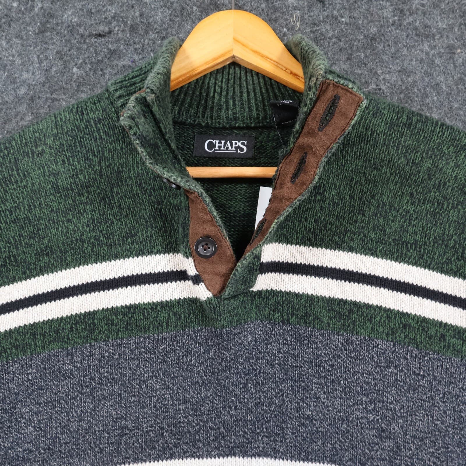 Chaps Sweater Mens L Green Gray Cotton Colorblock Mock Neck Quarter Button - Thumbnail 9