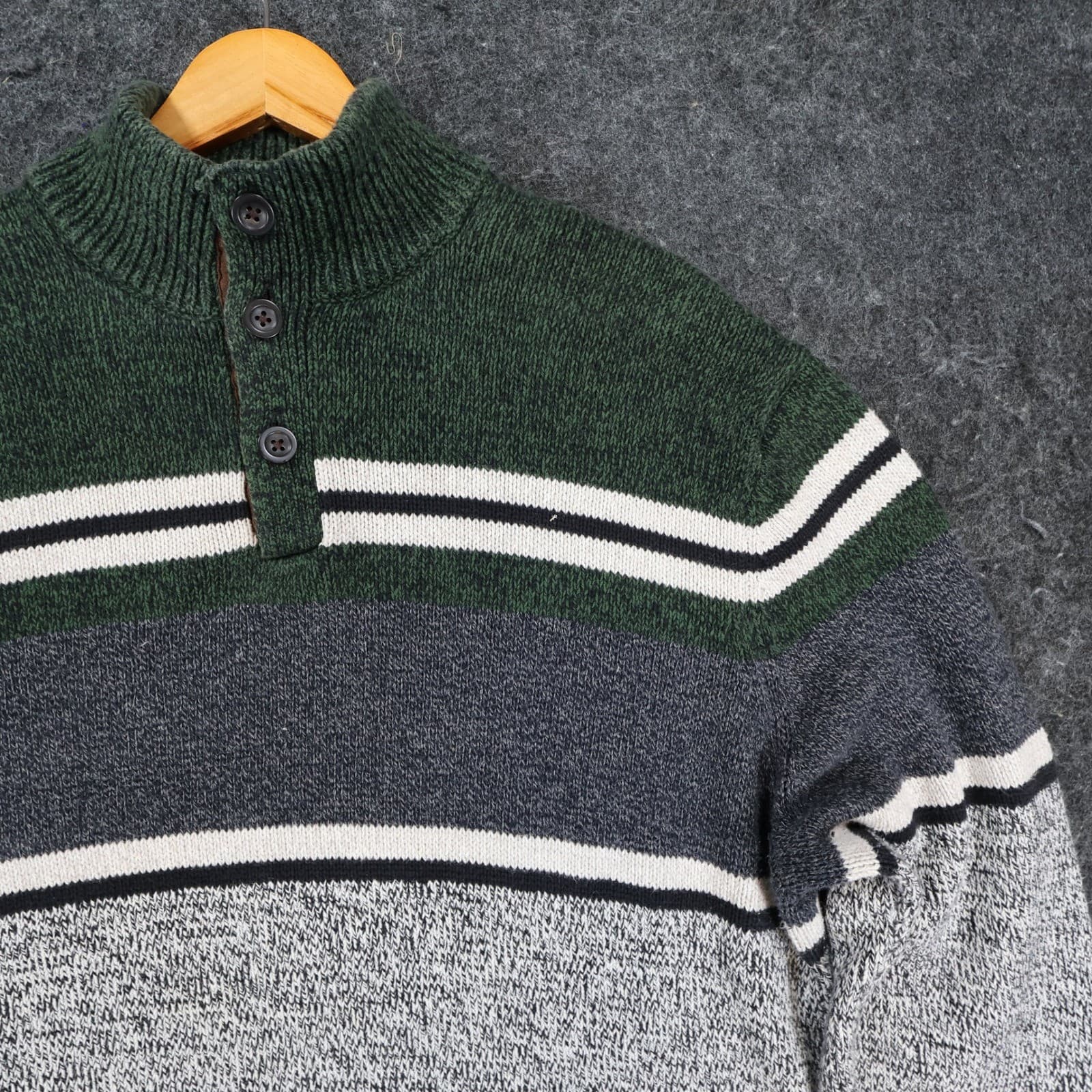 Chaps Sweater Mens L Green Gray Cotton Colorblock Mock Neck Quarter Button - Thumbnail 10
