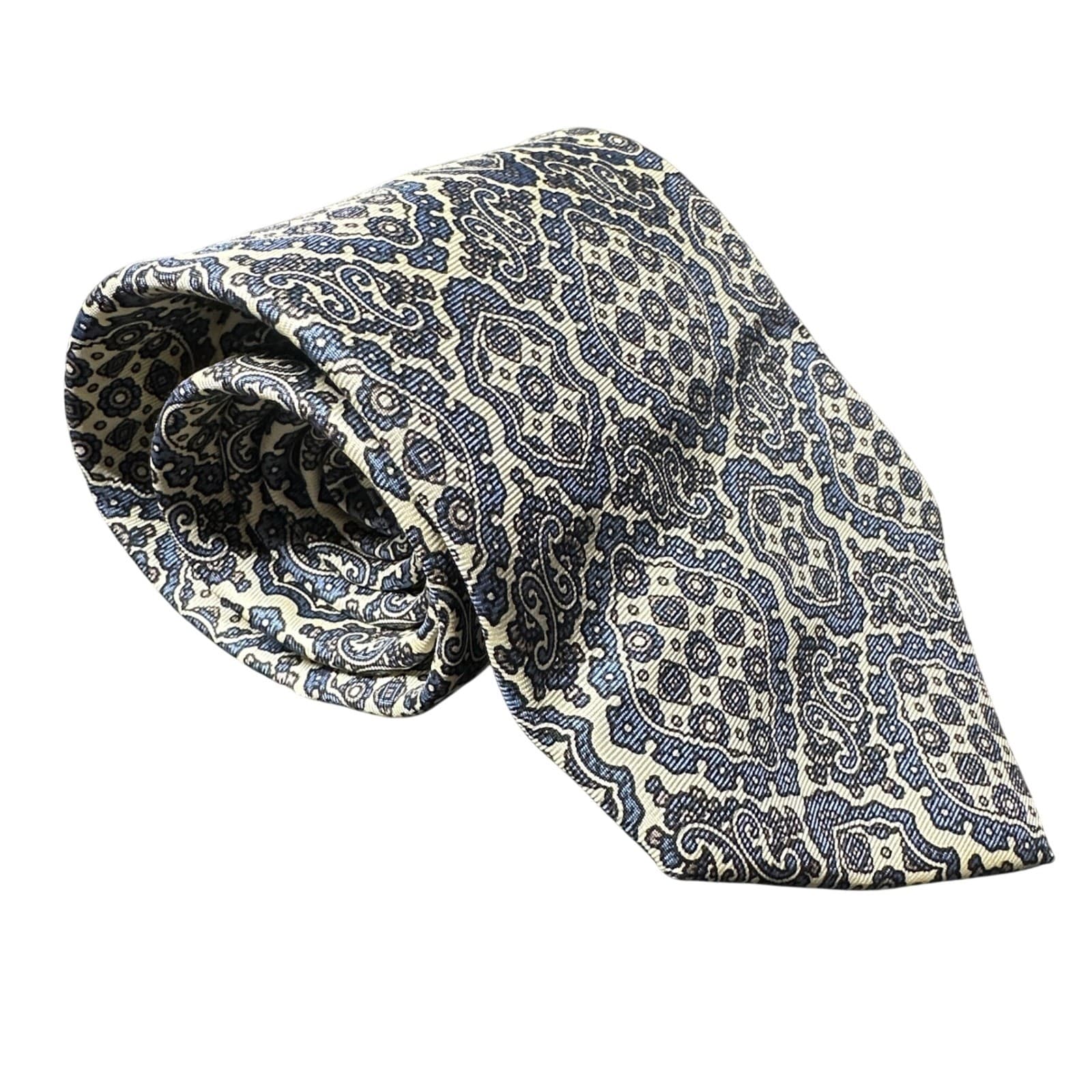 Angelica Mens Silk Blend Geometric Pattern Necktie Blue White Formal - Thumbnail 2