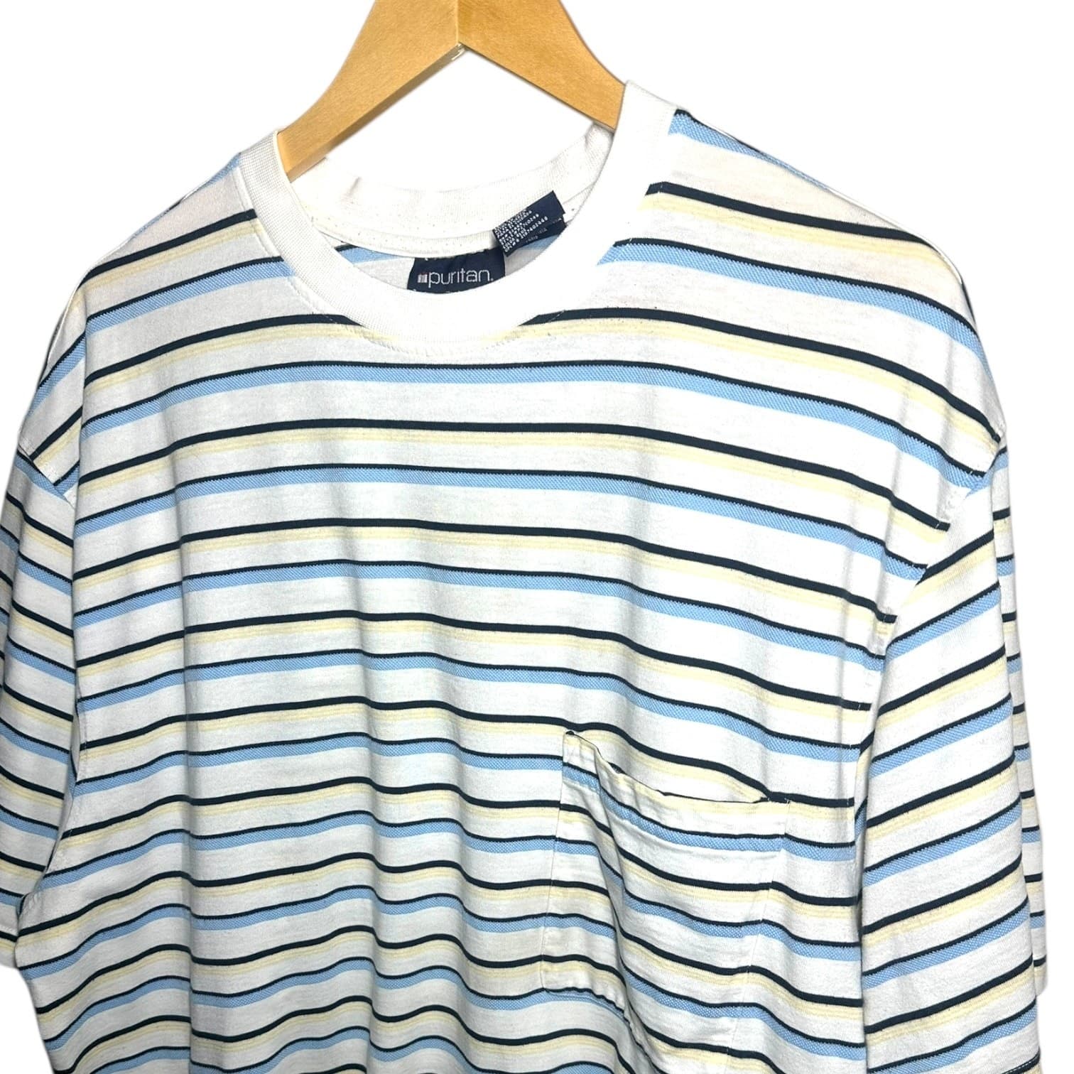 Puritan Mens 2XL Blue Yellow Black Stripe Pocket T Shirt Cotton Polyester Blend - Thumbnail 3