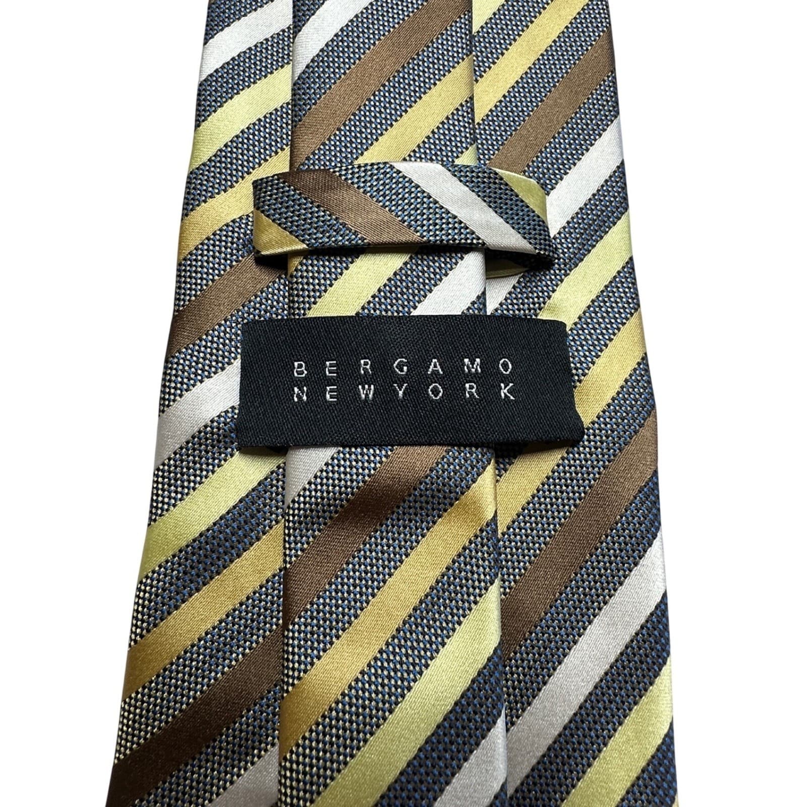 Bergamo New York Mens Striped Necktie Gold Brown Silver Blue Woven Polyester - Thumbnail 6