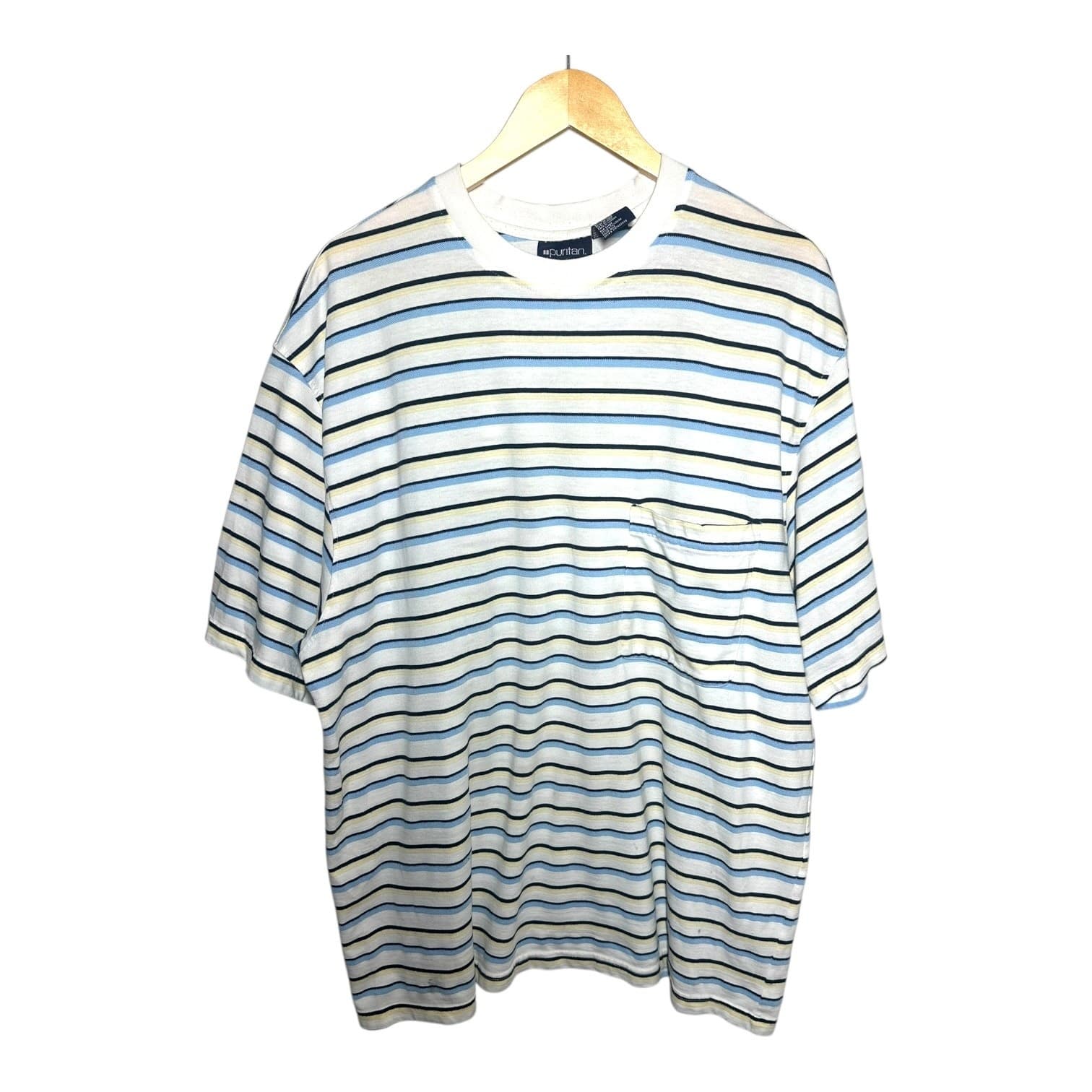 Puritan Mens 2XL Blue Yellow Black Stripe Pocket T Shirt Cotton Polyester Blend - Thumbnail 2