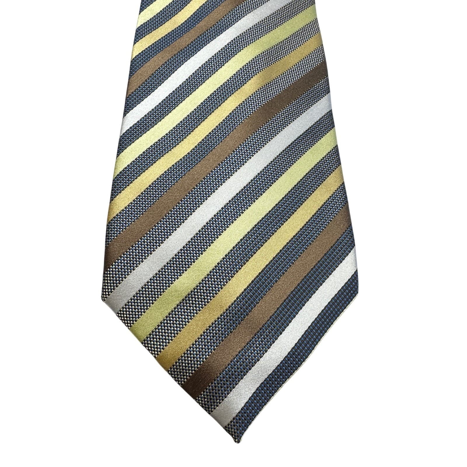 Bergamo New York Mens Striped Necktie Gold Brown Silver Blue Woven Polyester - Thumbnail 2