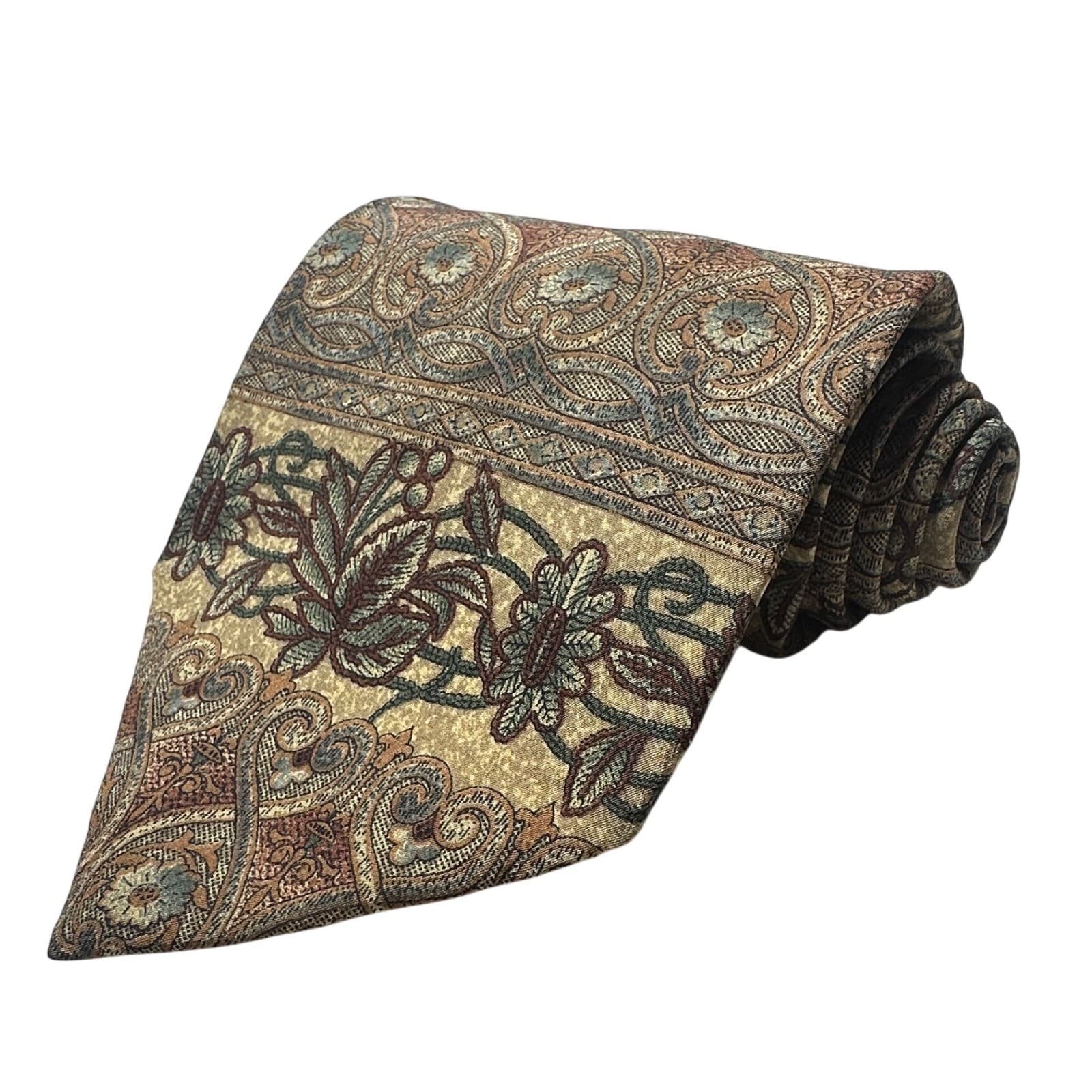 417 by Van Heusen Mens Silk Tie Vintage Floral Tapestry Tan Olive Burgundy - Thumbnail 5