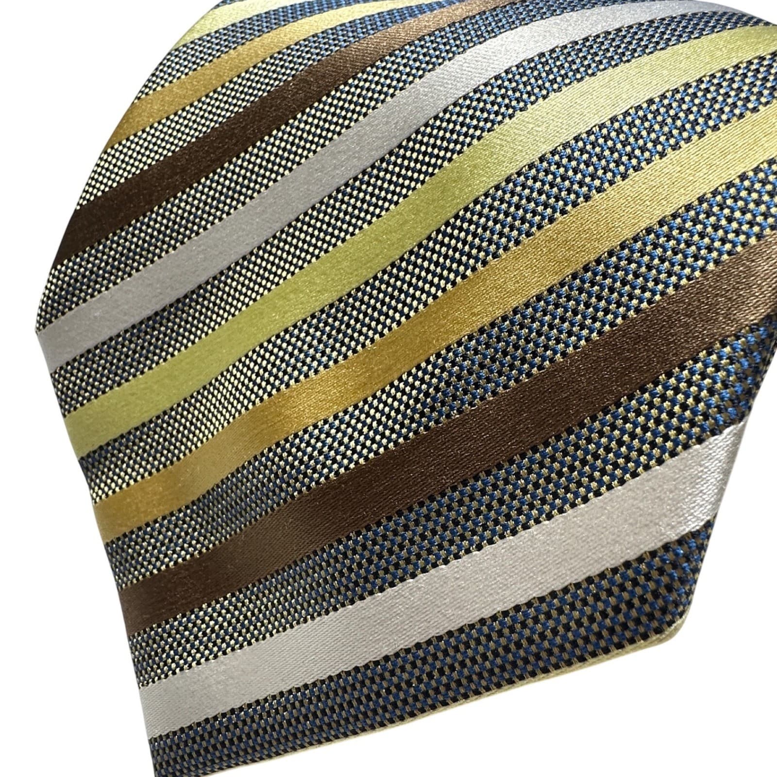 Bergamo New York Mens Striped Necktie Gold Brown Silver Blue Woven Polyester - Thumbnail 5