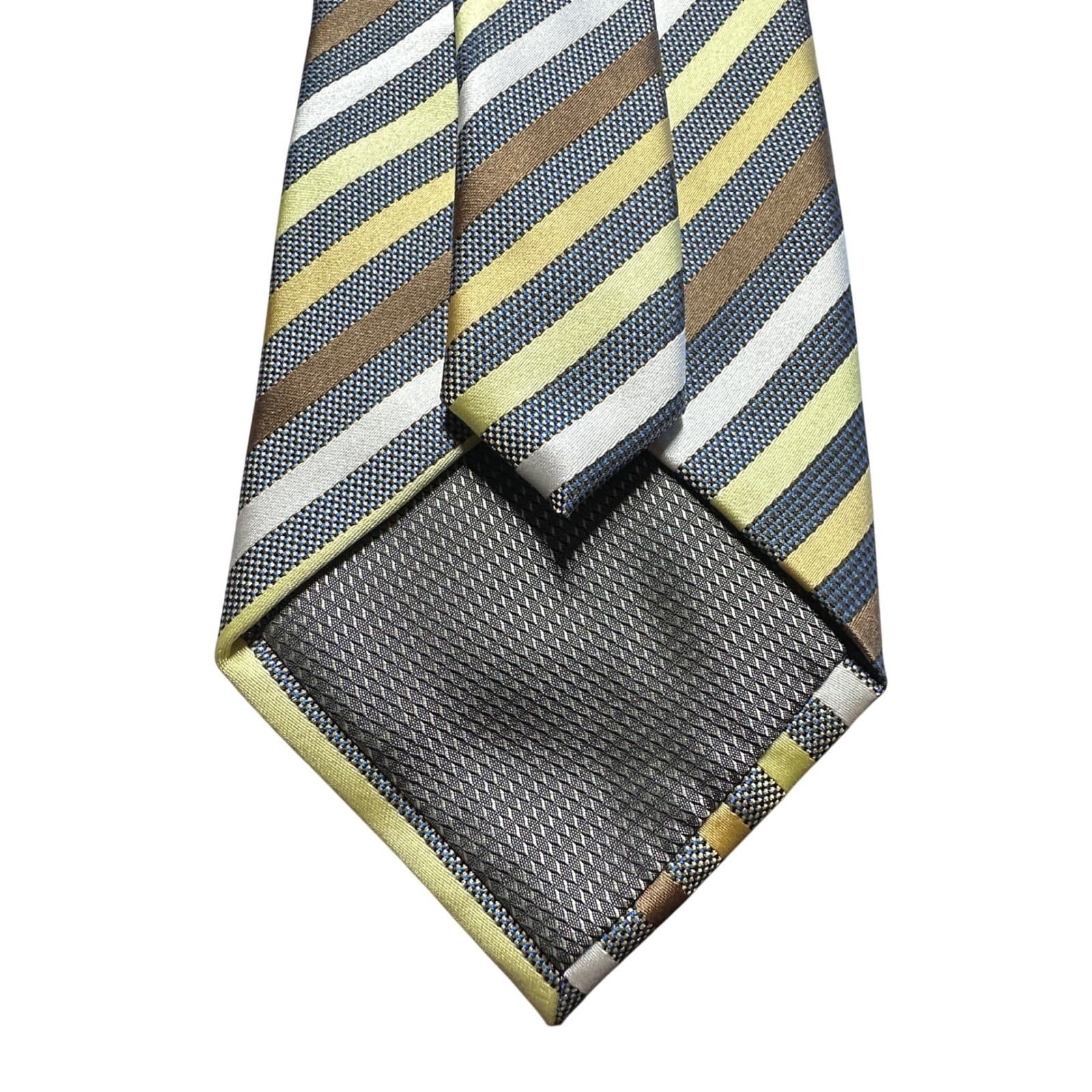 Bergamo New York Mens Striped Necktie Gold Brown Silver Blue Woven Polyester - Thumbnail 3