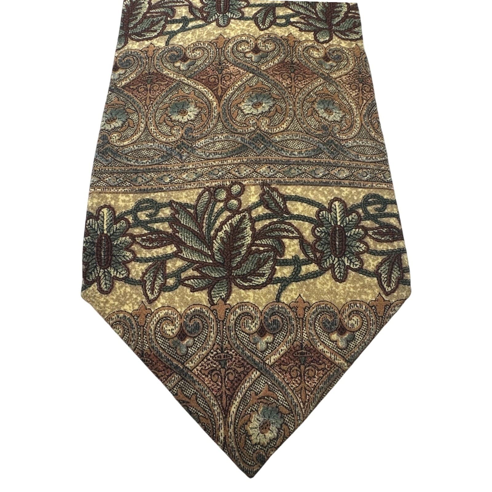 417 by Van Heusen Mens Silk Tie Vintage Floral Tapestry Tan Olive Burgundy - Thumbnail 2