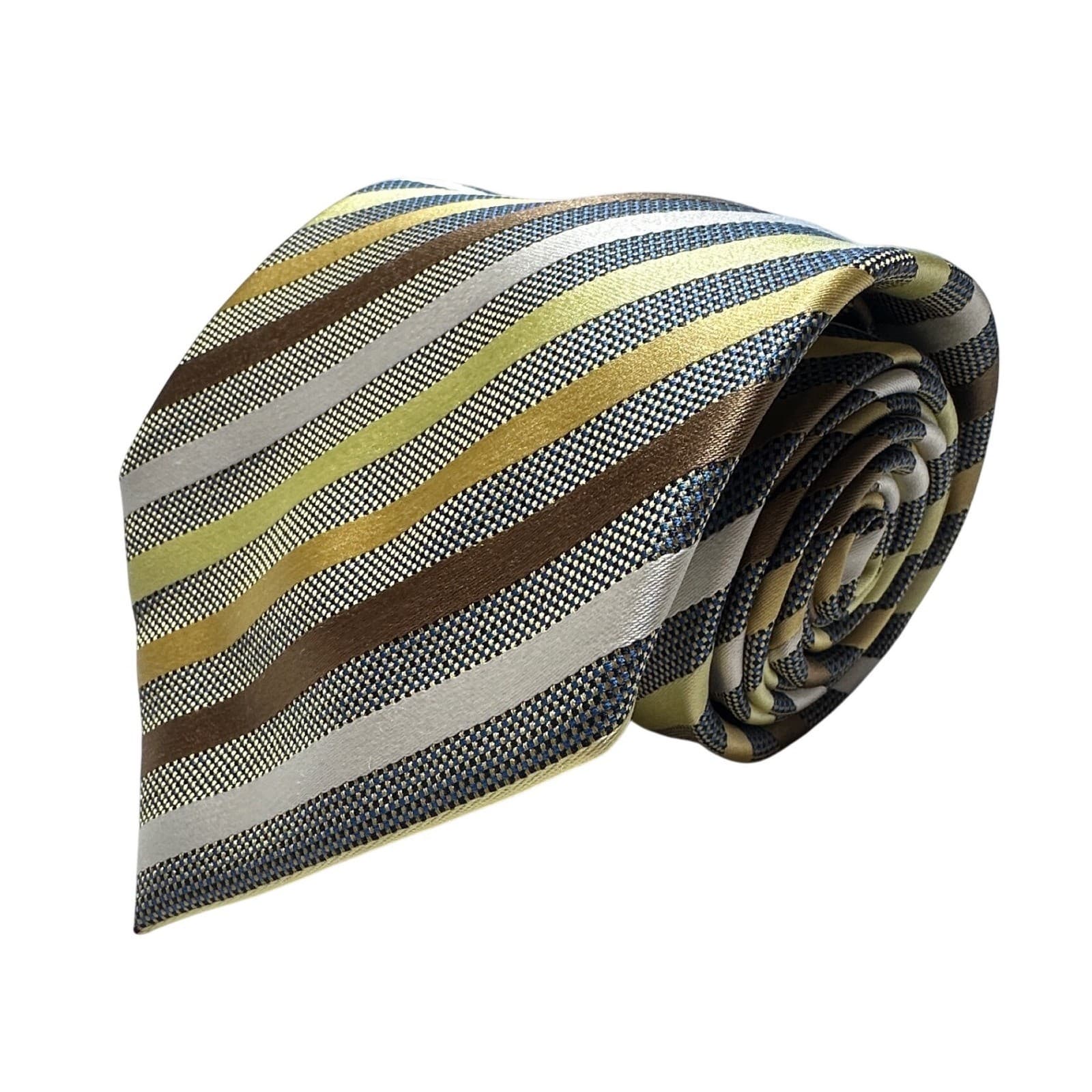 Bergamo New York Mens Striped Necktie Gold Brown Silver Blue Woven Polyester - Thumbnail 4