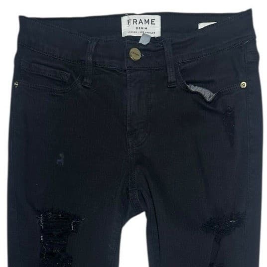 FRAME Le Skinny de Jeanne Black Distressed Ripped Skinny Jeans Women's Size 24 - Thumbnail 3