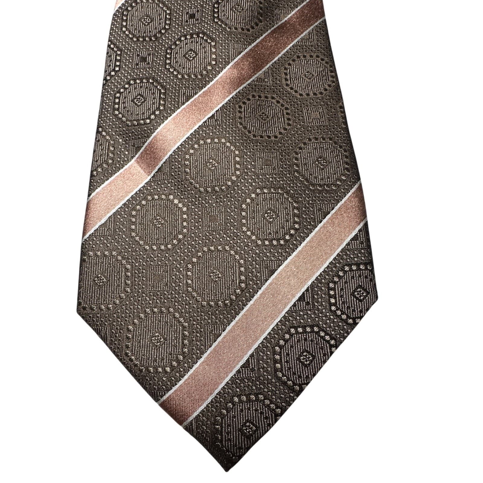 Sean John Mens Brown Silk Geometric Medallion Striped Hand Made Necktie Tie - Thumbnail 2