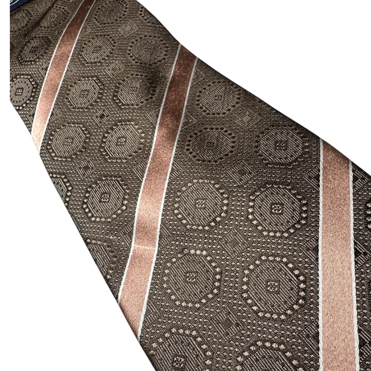 Sean John Mens Brown Silk Geometric Medallion Striped Hand Made Necktie Tie - Thumbnail 4