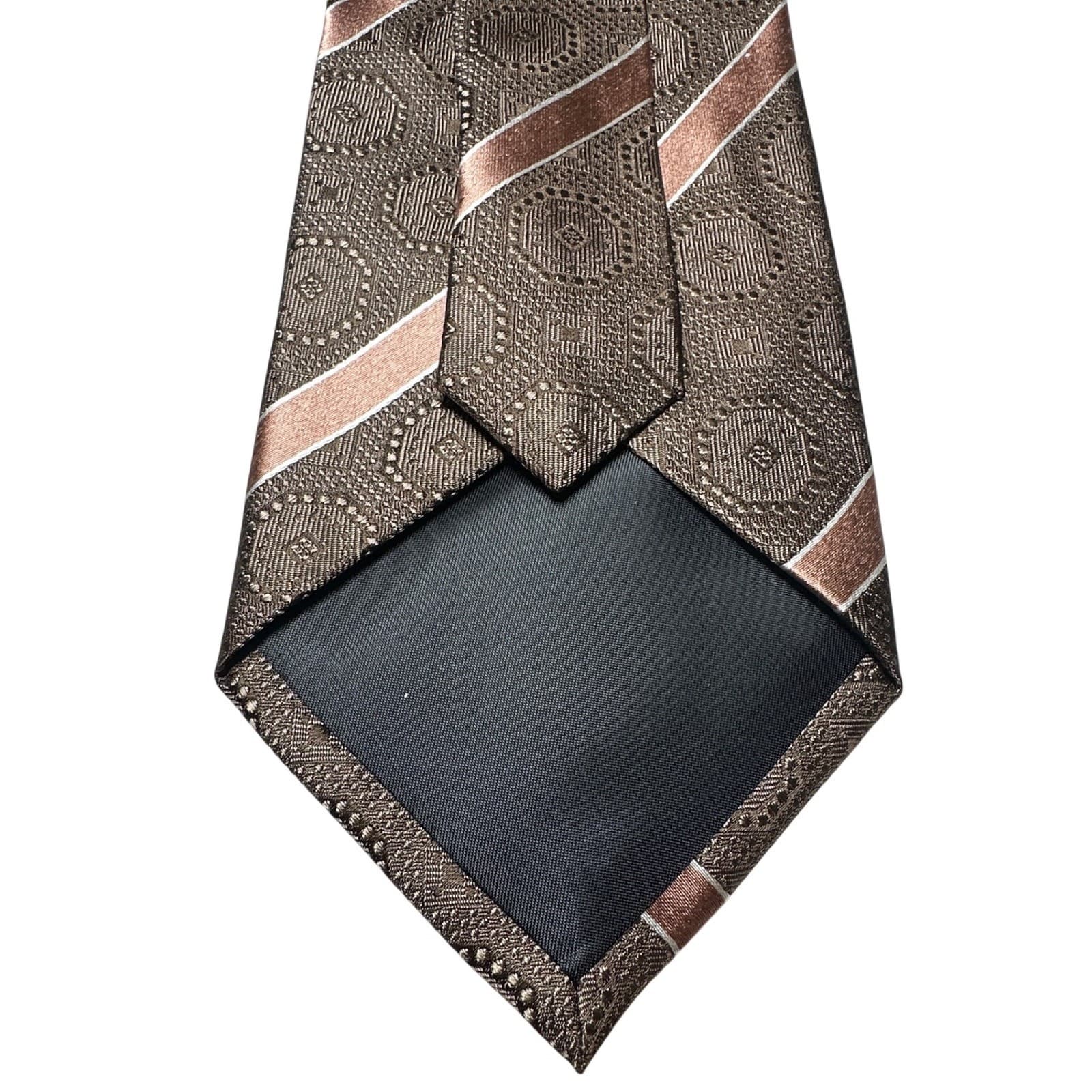 Sean John Mens Brown Silk Geometric Medallion Striped Hand Made Necktie Tie - Thumbnail 3