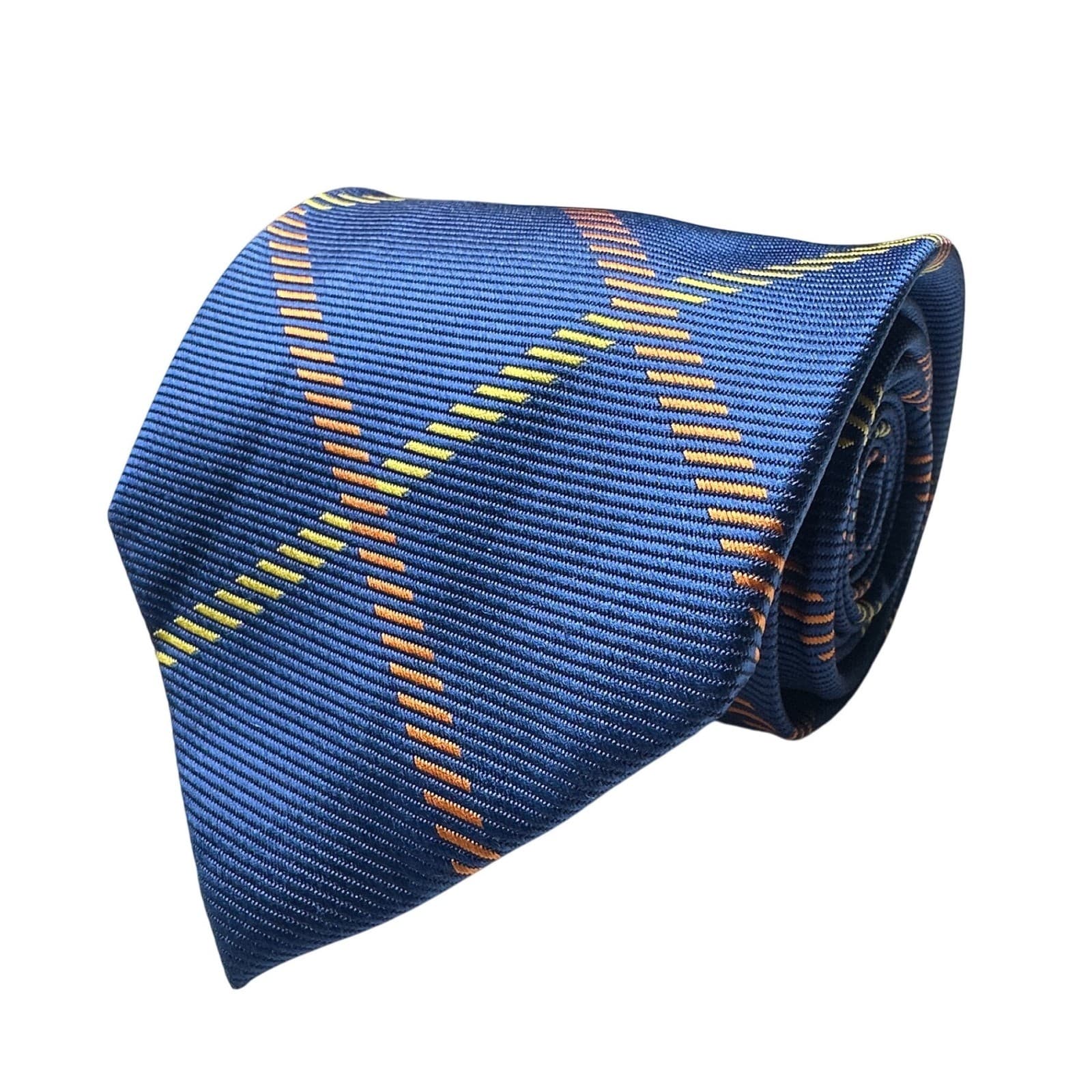 Canda Mens Navy Blue Windowpane Plaid Textured Polyester Necktie Orange Yellow - Thumbnail 5
