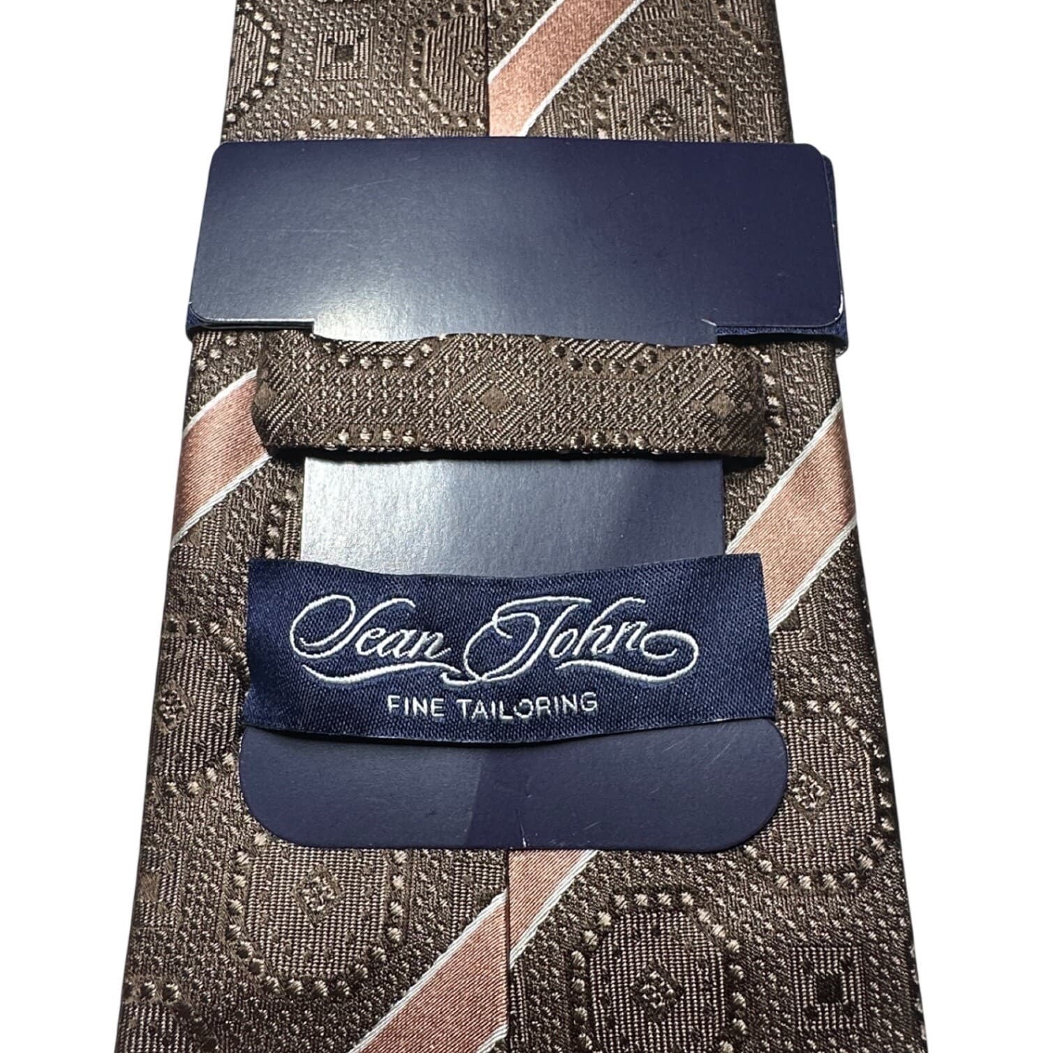 Sean John Mens Brown Silk Geometric Medallion Striped Hand Made Necktie Tie - Thumbnail 6