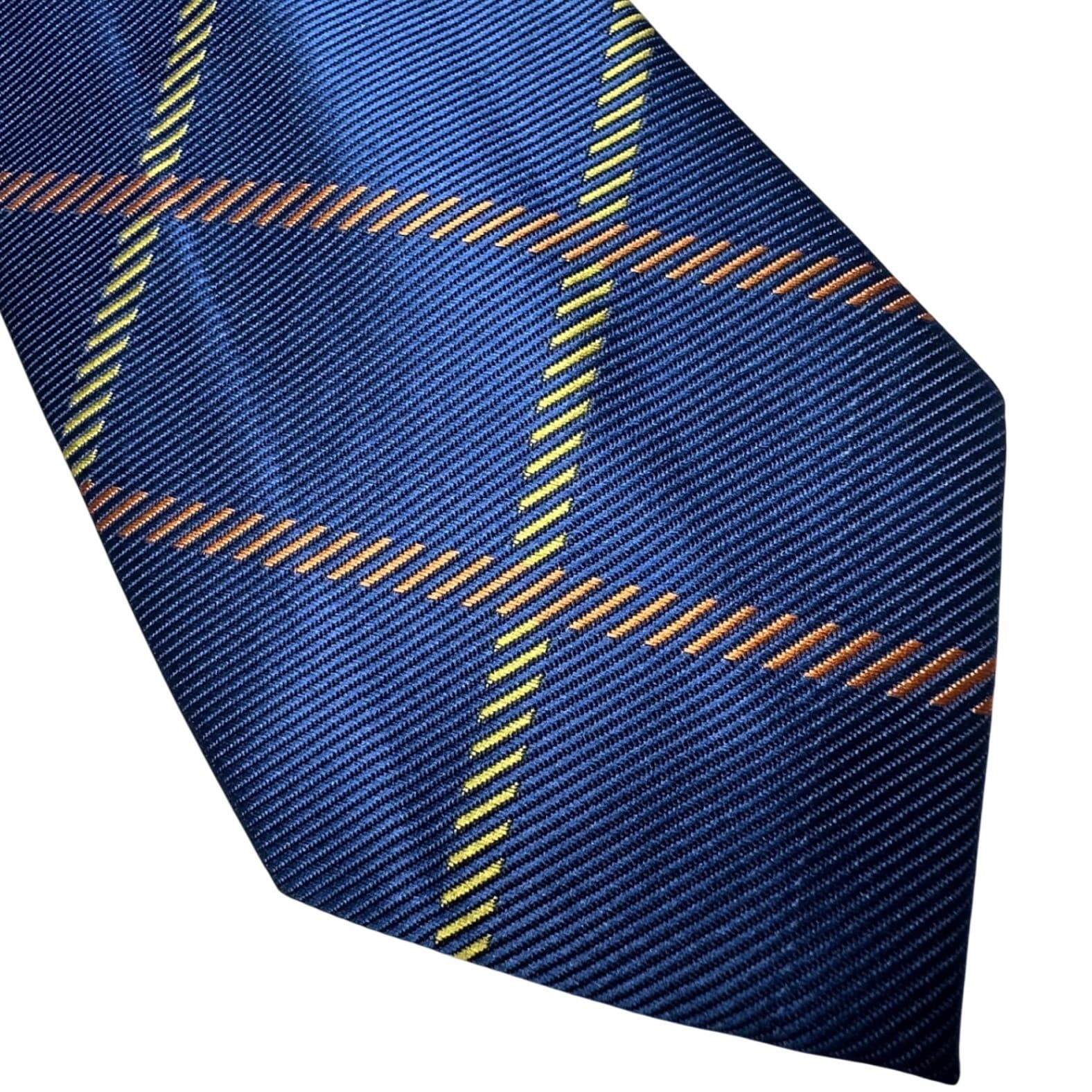 Canda Mens Navy Blue Windowpane Plaid Textured Polyester Necktie Orange Yellow - Thumbnail 4