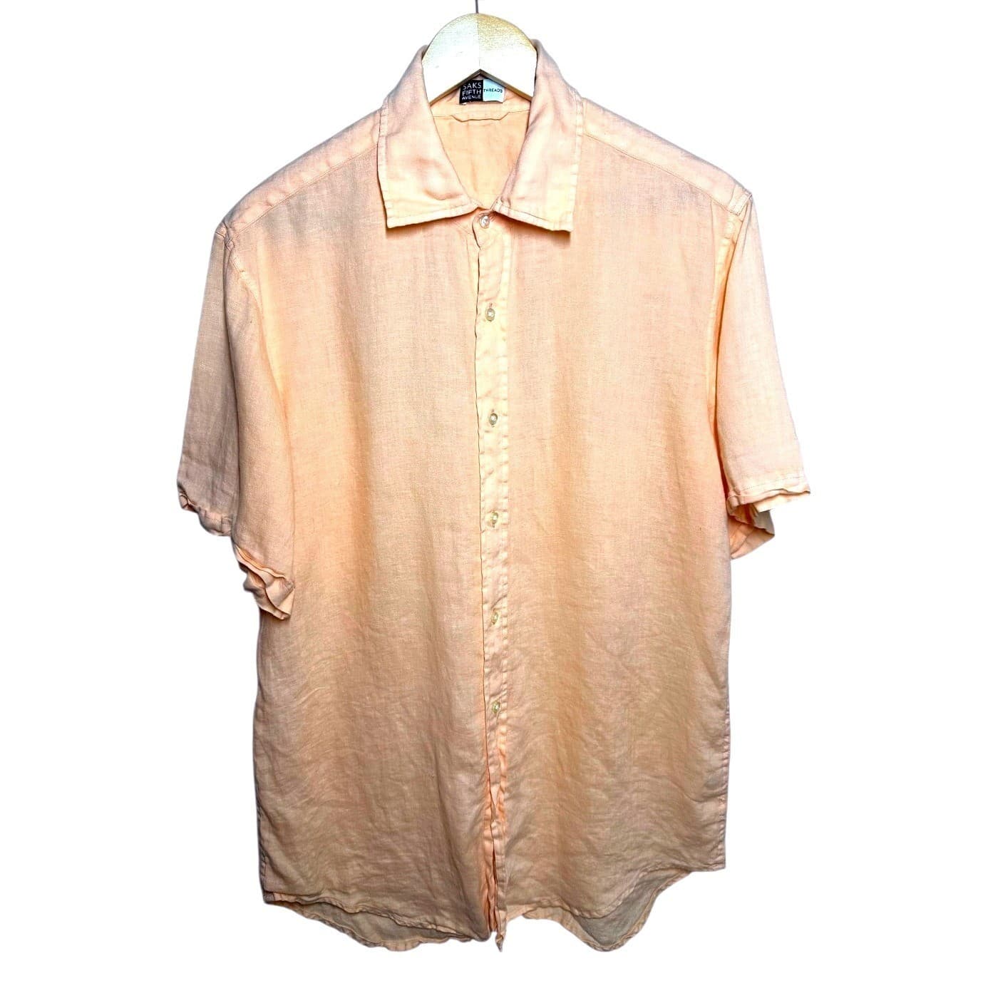 Saks Fifth Avenue Mens Peach Linen Blend Short Sleeve Button Up Shirt Size M - Thumbnail 3