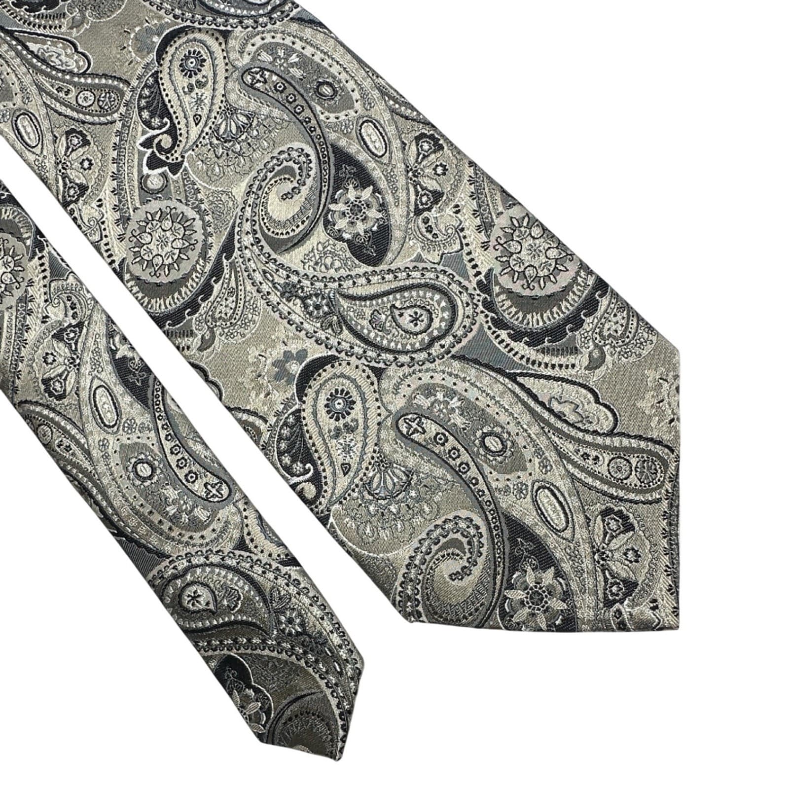 Nubio Collezione Esclusivo Mens Silk Tie Silver Grey Black Paisley Jacquard - Thumbnail 3