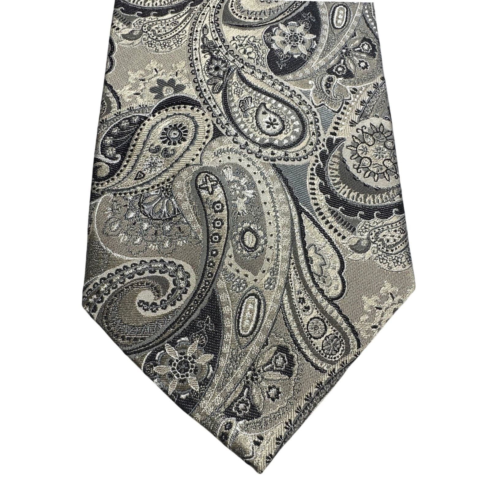Nubio Collezione Esclusivo Mens Silk Tie Silver Grey Black Paisley Jacquard - Thumbnail 2