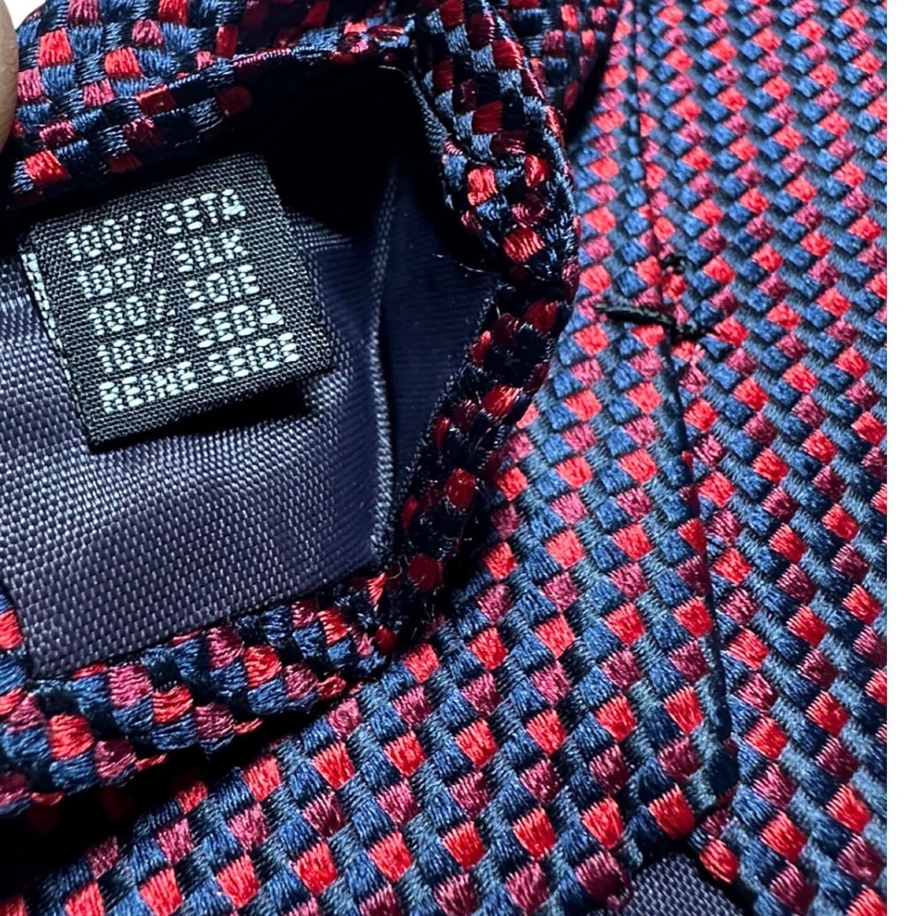 DeSantis Collection Mens Silk Tie Navy Red Micro Diamond Weave Made in Italy - Thumbnail 5