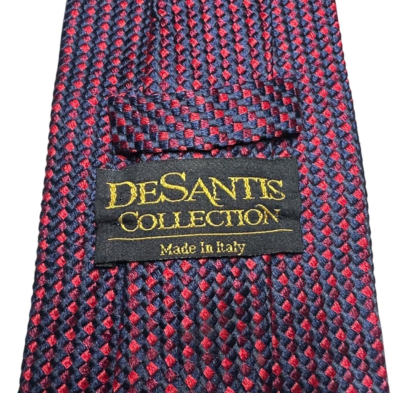 DeSantis Collection Mens Silk Tie Navy Red Micro Diamond Weave Made in Italy - Thumbnail 6
