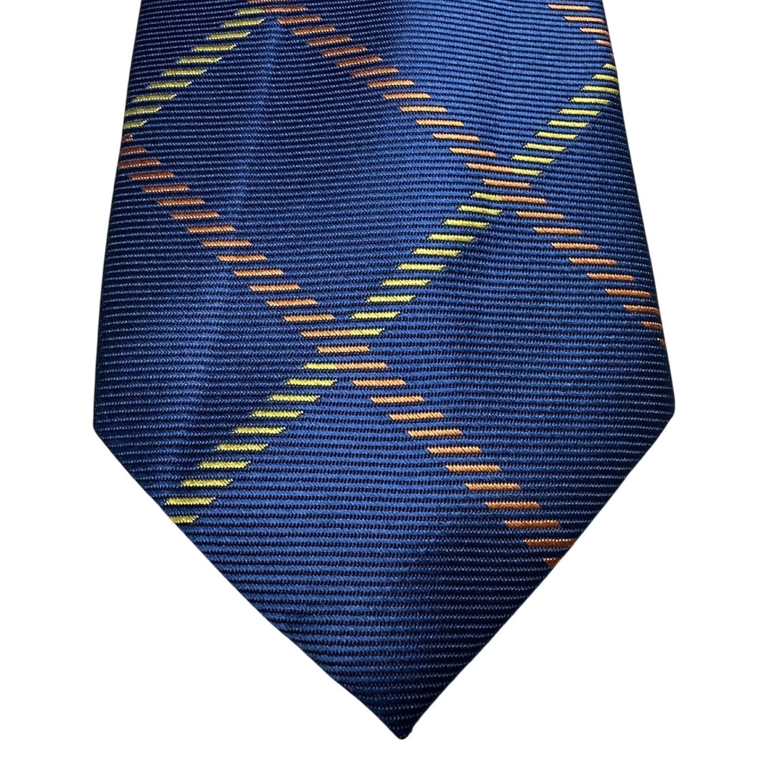 Canda Mens Navy Blue Windowpane Plaid Textured Polyester Necktie Orange Yellow - Thumbnail 2