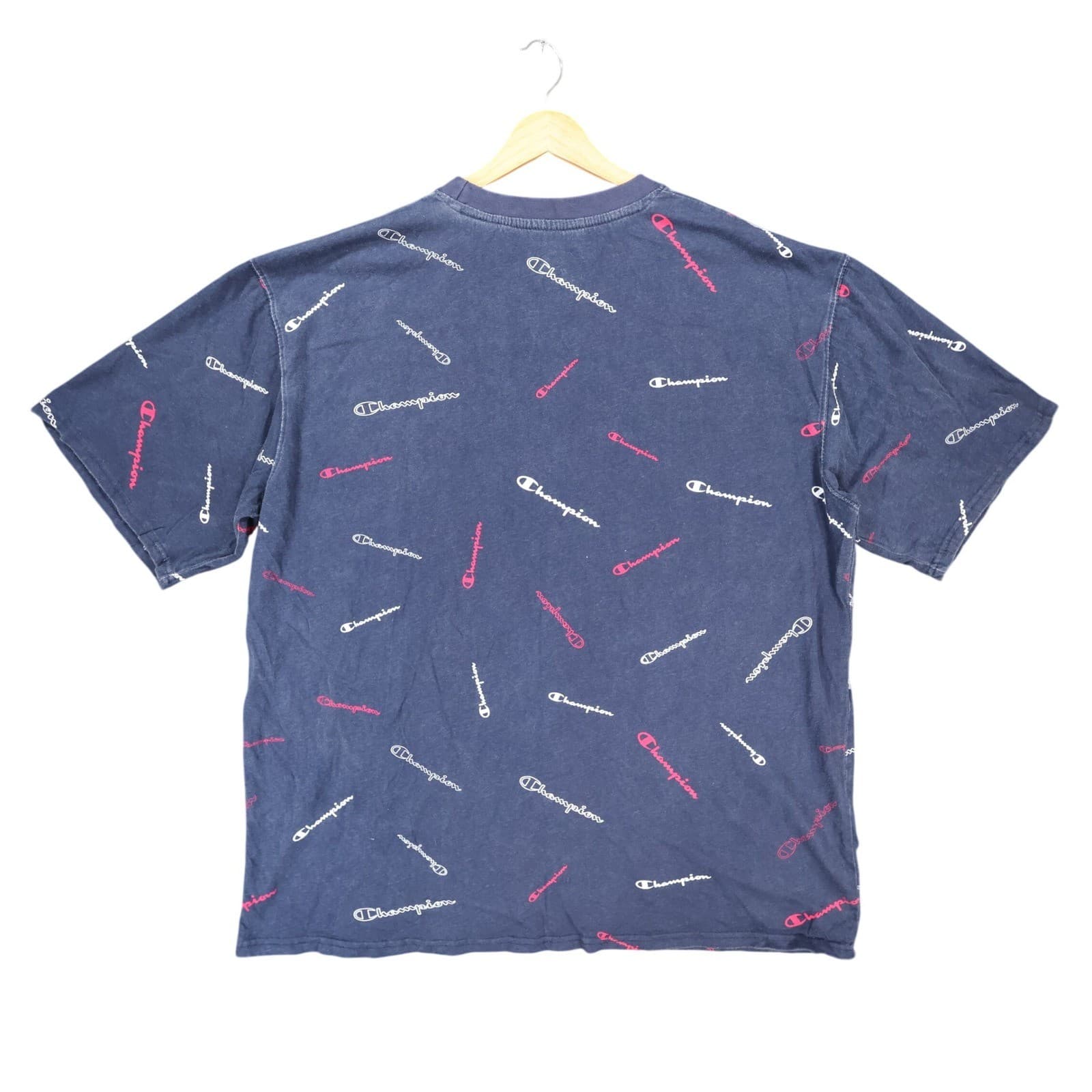 Champion T-Shirt Mens XLT Navy Blue 100% Cotton Tall All Over Print Script Logo - Thumbnail 2