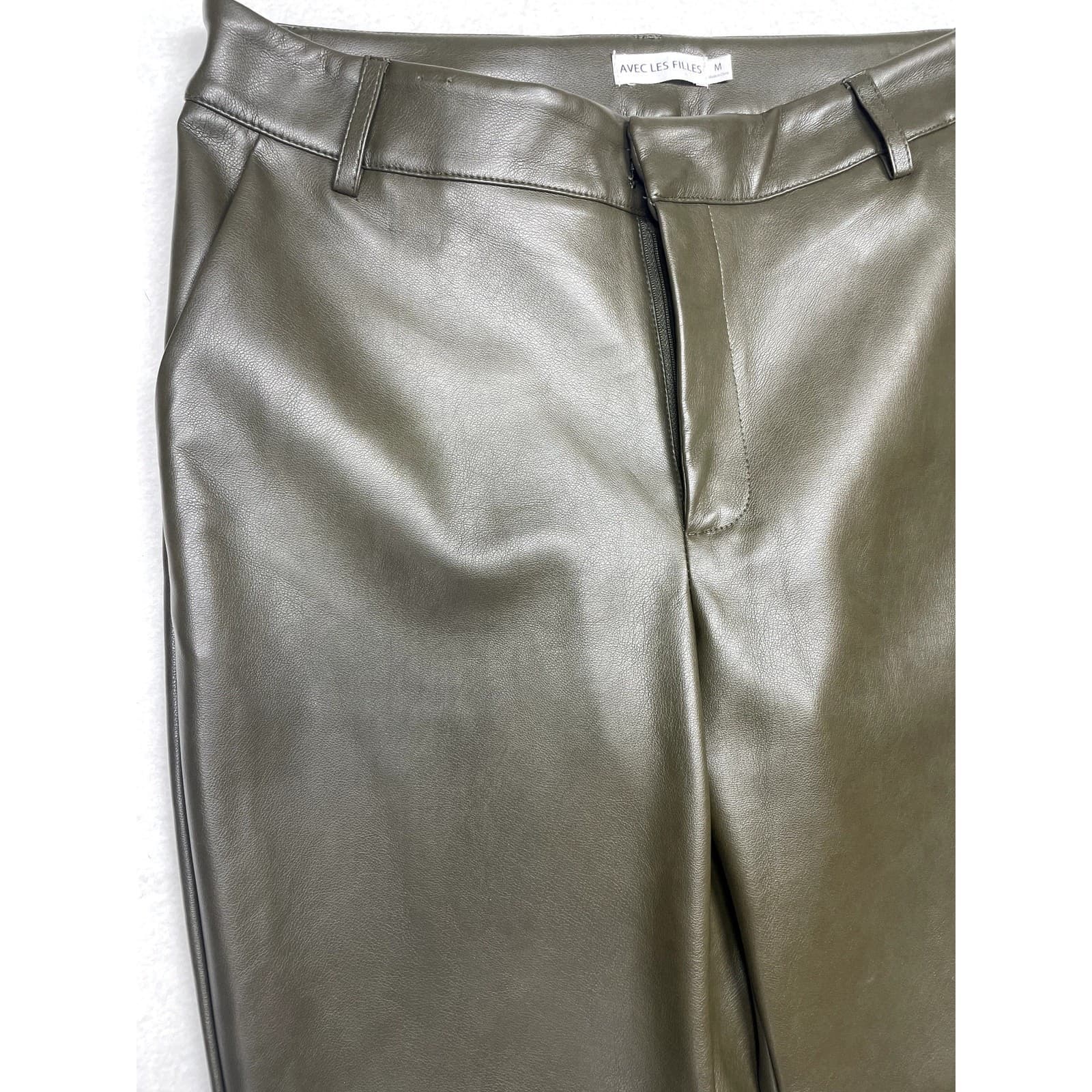 Avec Les Filles Olive Faux Leather Cropped Flare Pants Women's Size M - Thumbnail 2