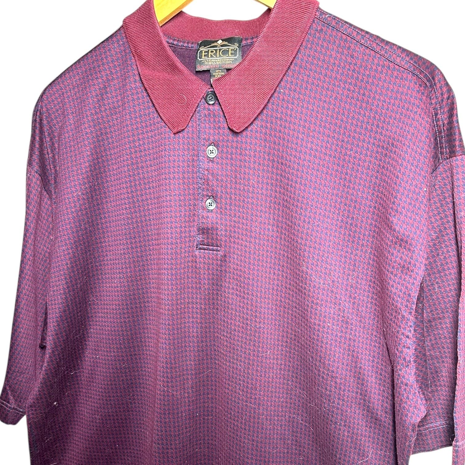 Erice Men's Size XXL Burgundy Cotton Micro-Pattern Short Sleeve Polo Shirt - Thumbnail 4