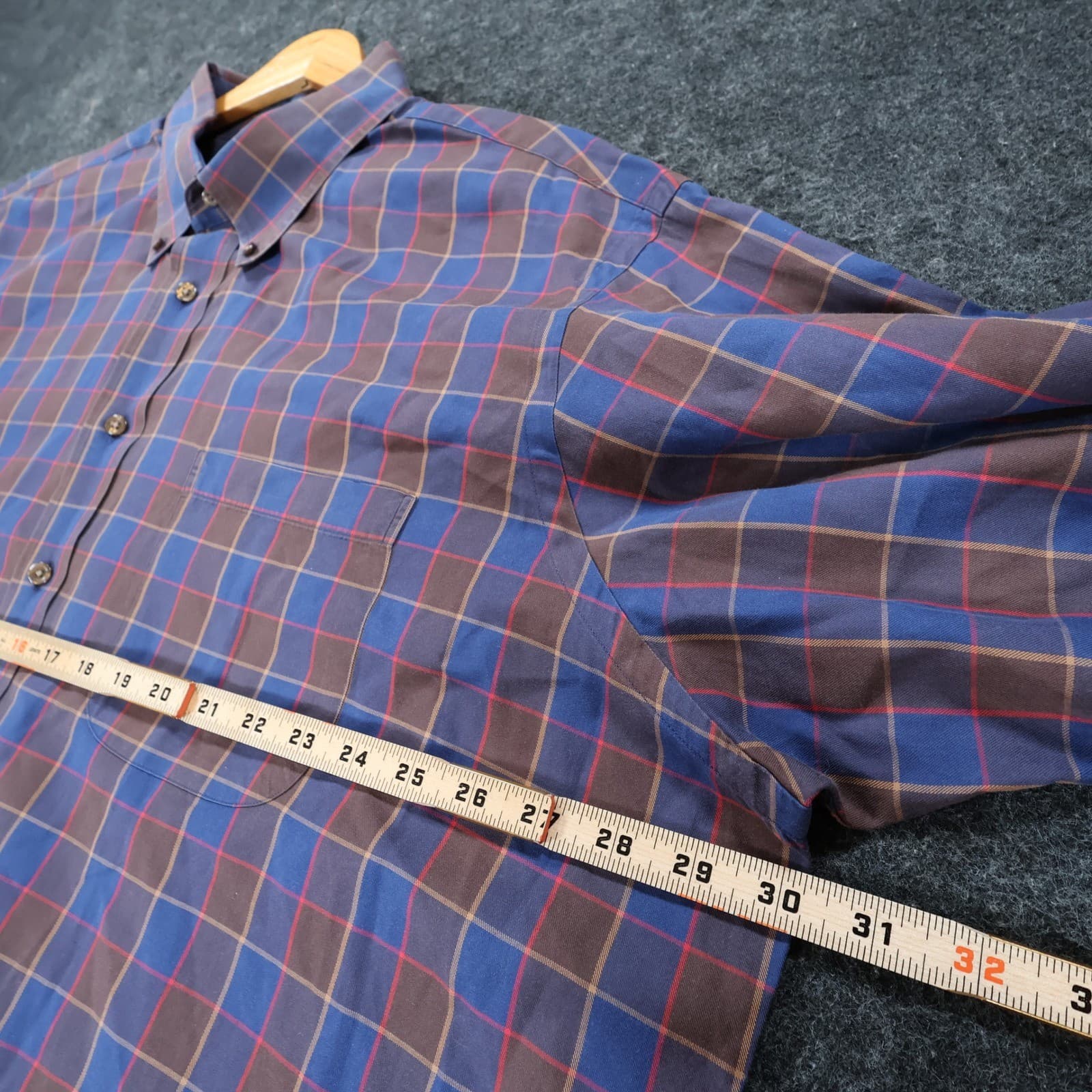 Paul Fredrick Button Down Mens 19-36 Blue Brown Cotton Plaid Dobby Shirt - Thumbnail 3