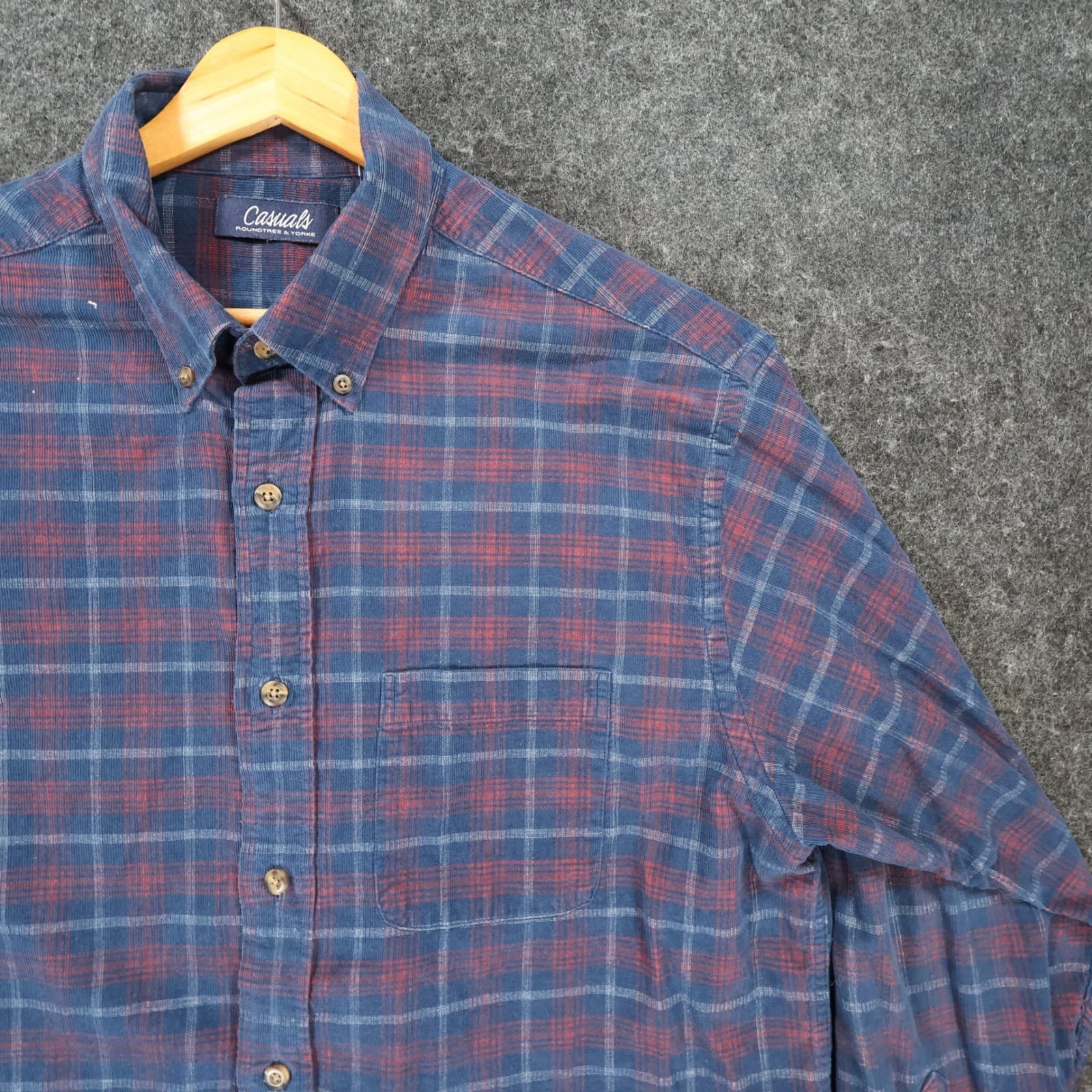 Roundtree & Yorke Button Down Mens L Blue Cotton Corduroy Plaid Casual Shirt - Thumbnail 10