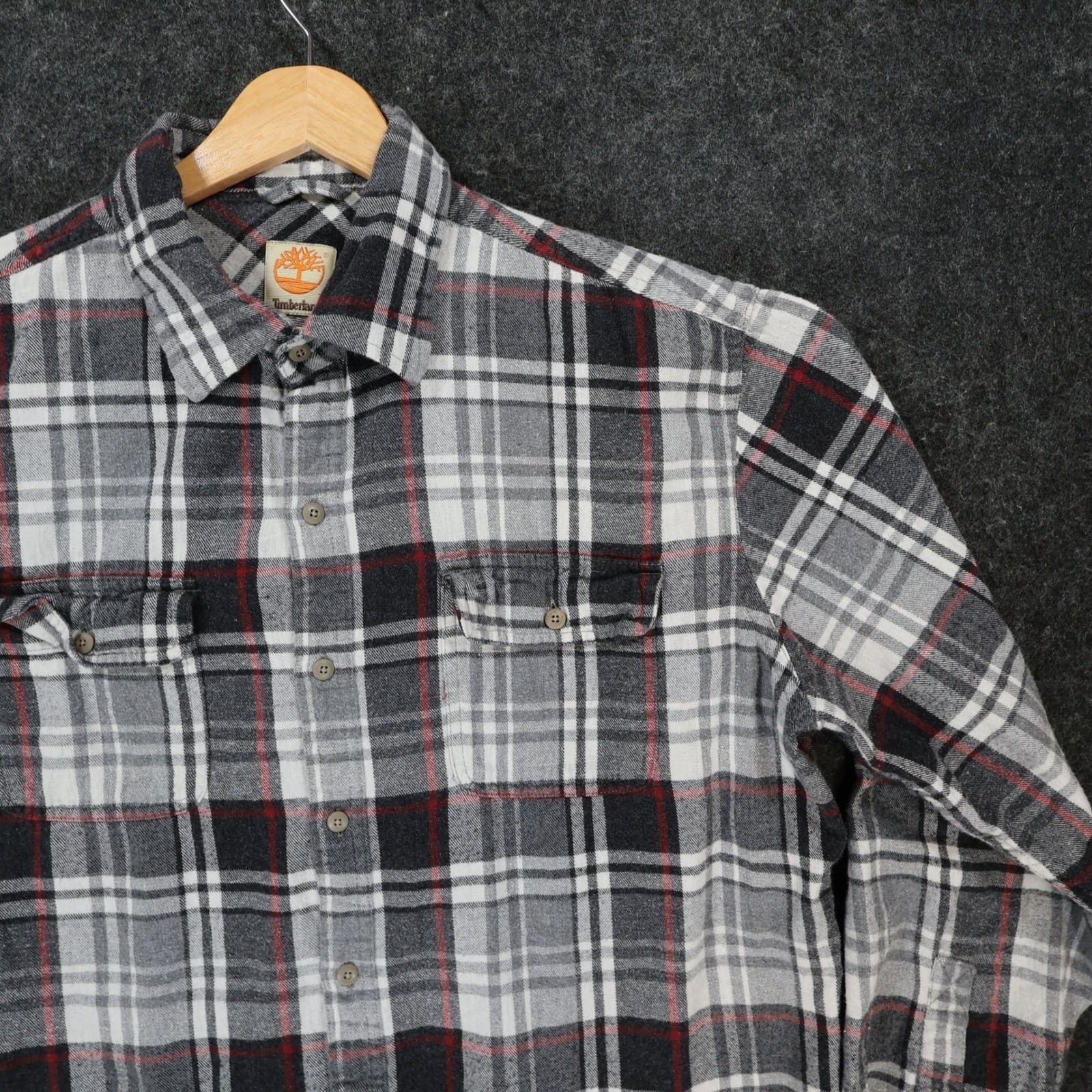 Timberland Flannel Shirt Mens L Gray 100% Cotton Regular Fit Plaid Button Up - Thumbnail 8
