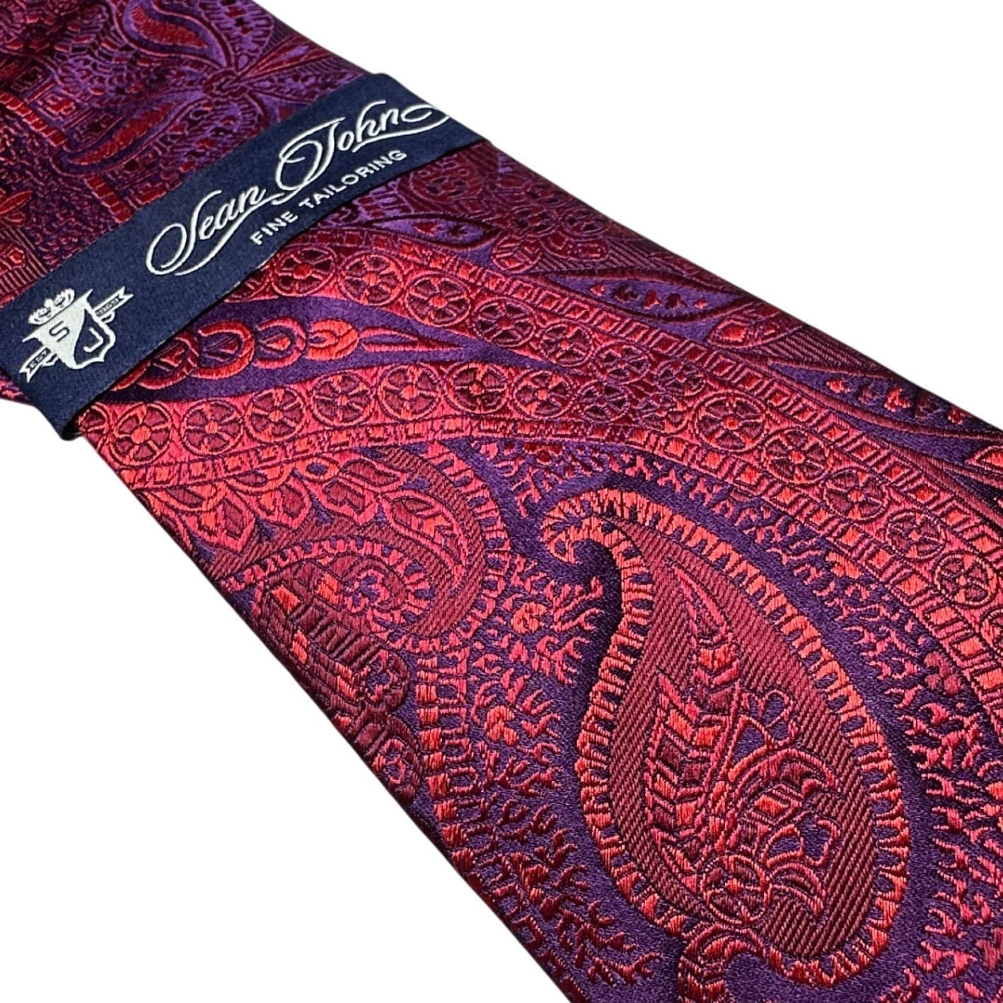 Sean John Tailoring Mens Burgundy Purple Paisley 100% Silk Hand Made Necktie - Thumbnail 4