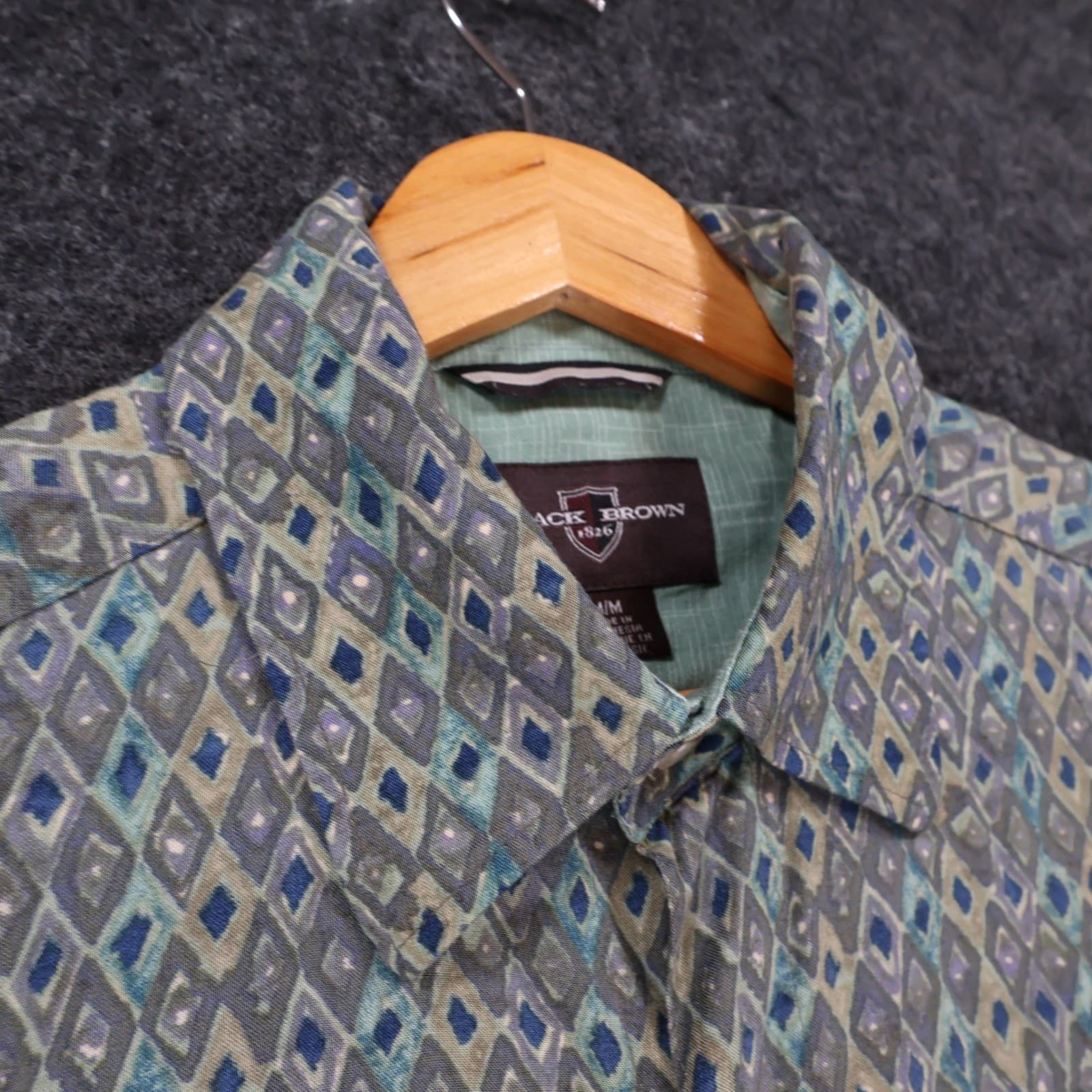 Black Brown 1826 Button Front Shirt Mens Medium Green Rayon Geometric Diamond - Thumbnail 9