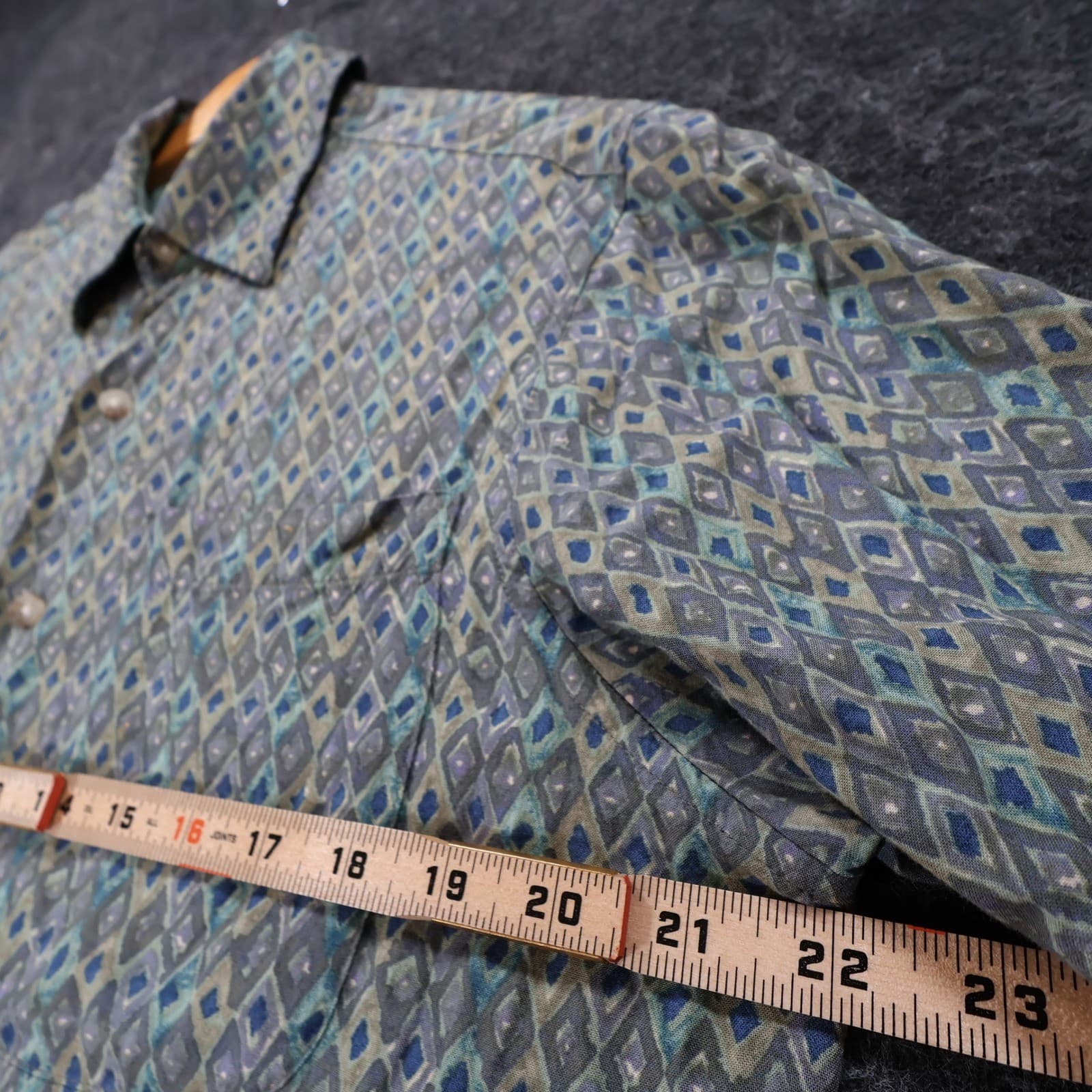 Black Brown 1826 Button Front Shirt Mens Medium Green Rayon Geometric Diamond - Thumbnail 3