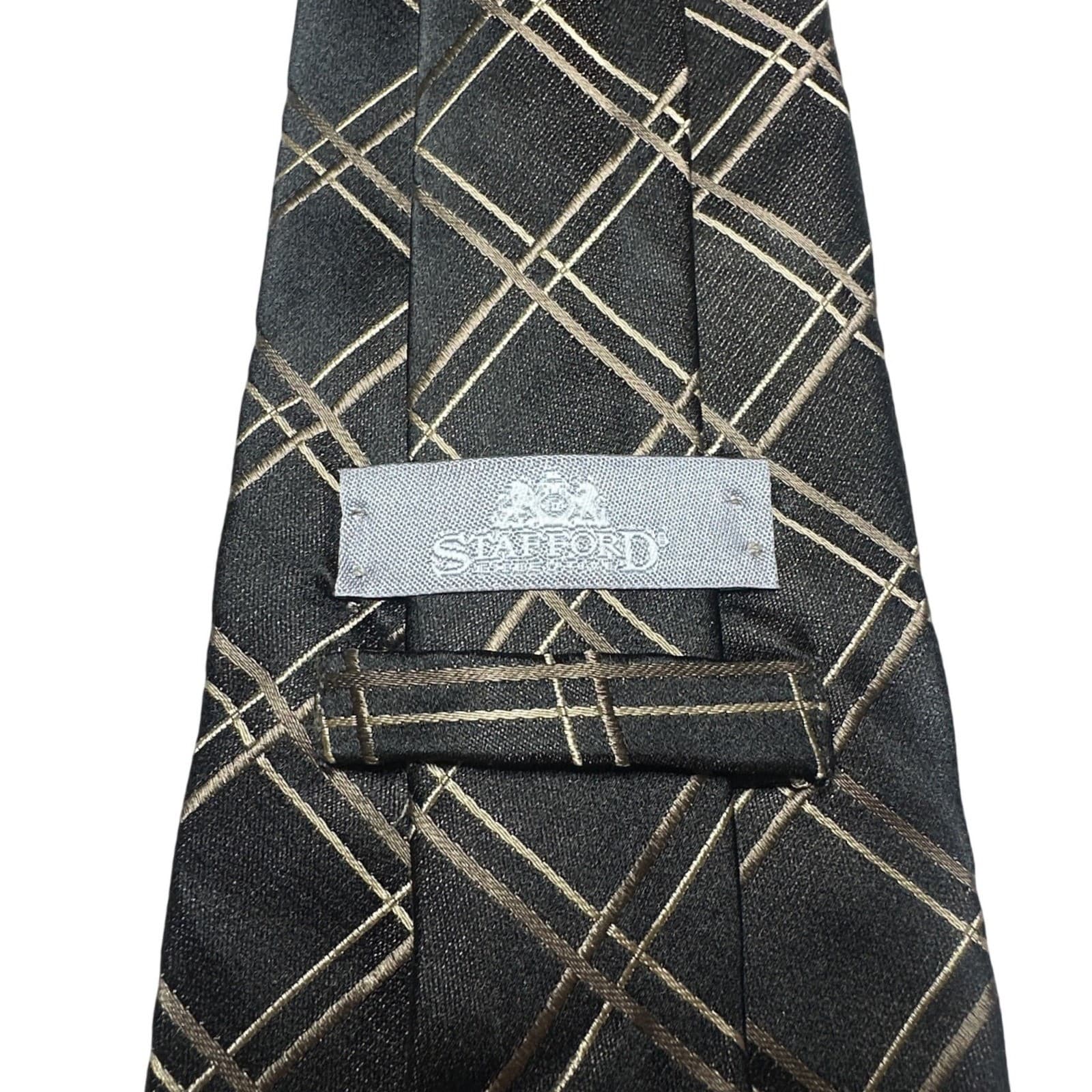 Stafford Mens Black Gold Silver Grid Pattern Classic Necktie Formal Business - Thumbnail 7