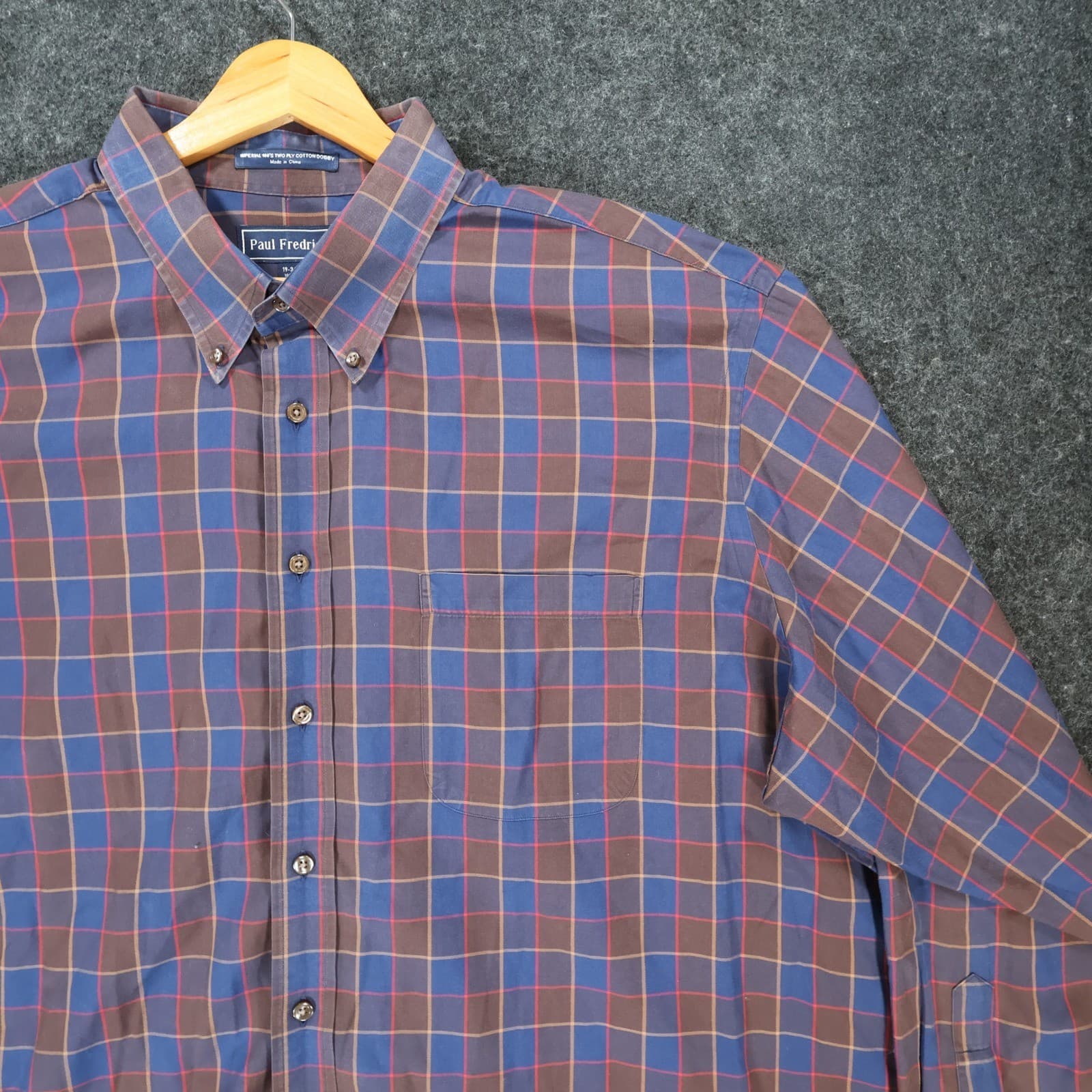Paul Fredrick Button Down Mens 19-36 Blue Brown Cotton Plaid Dobby Shirt - Thumbnail 10