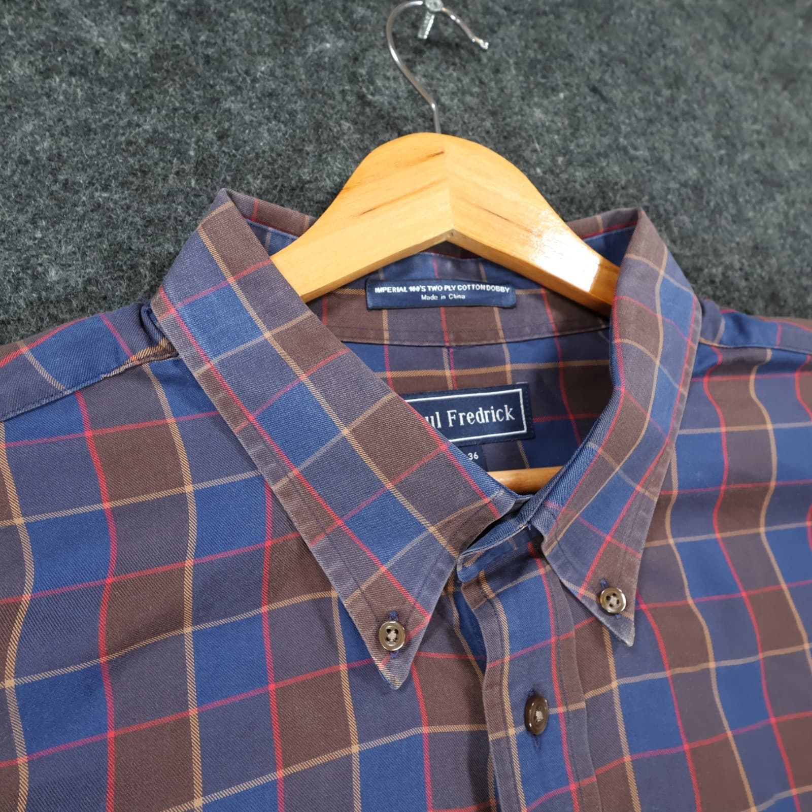 Paul Fredrick Button Down Mens 19-36 Blue Brown Cotton Plaid Dobby Shirt - Thumbnail 9