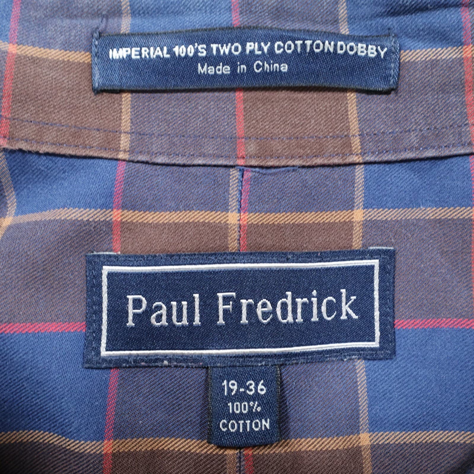 Paul Fredrick Button Down Mens 19-36 Blue Brown Cotton Plaid Dobby Shirt - Thumbnail 7