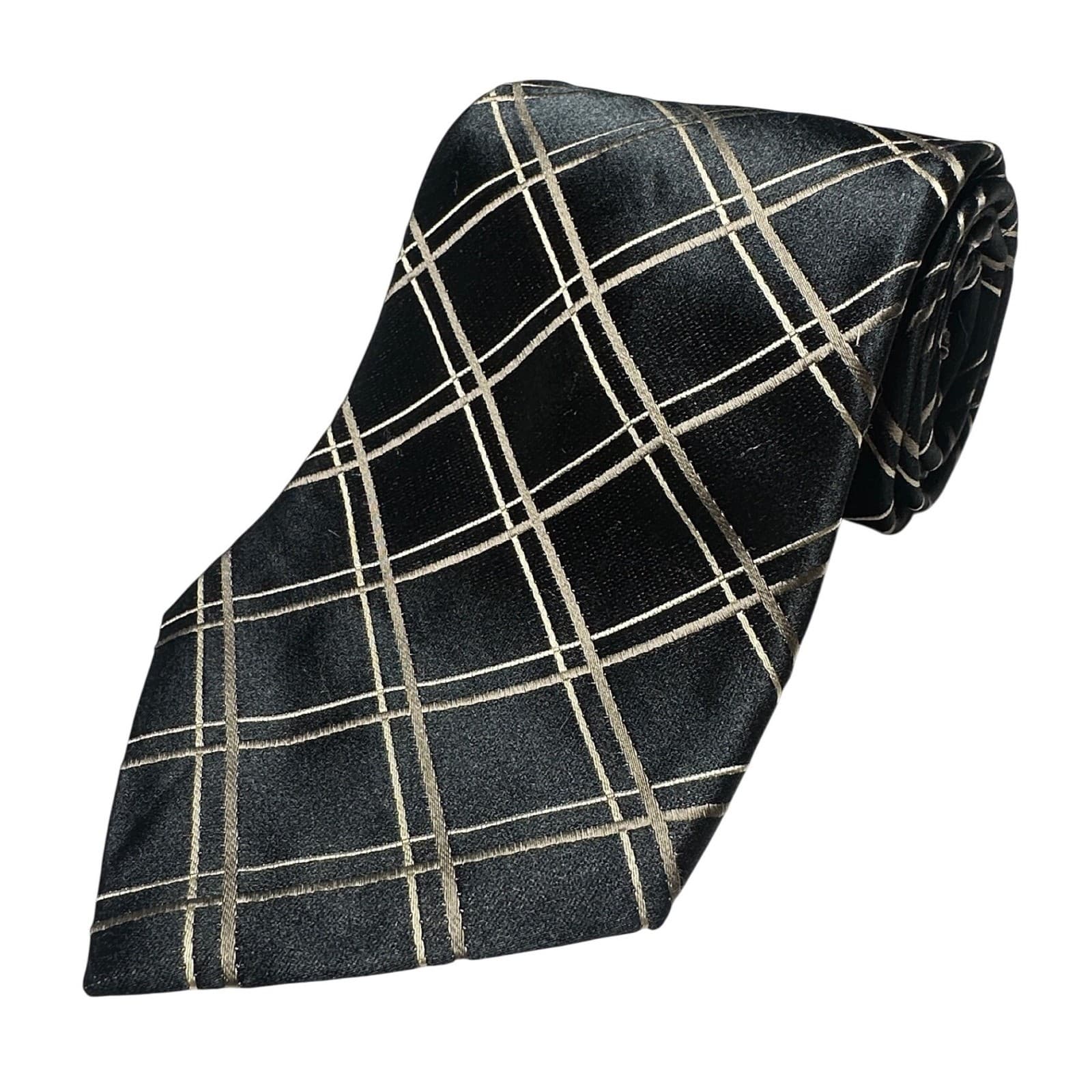 Stafford Mens Black Gold Silver Grid Pattern Classic Necktie Formal Business - Thumbnail 5