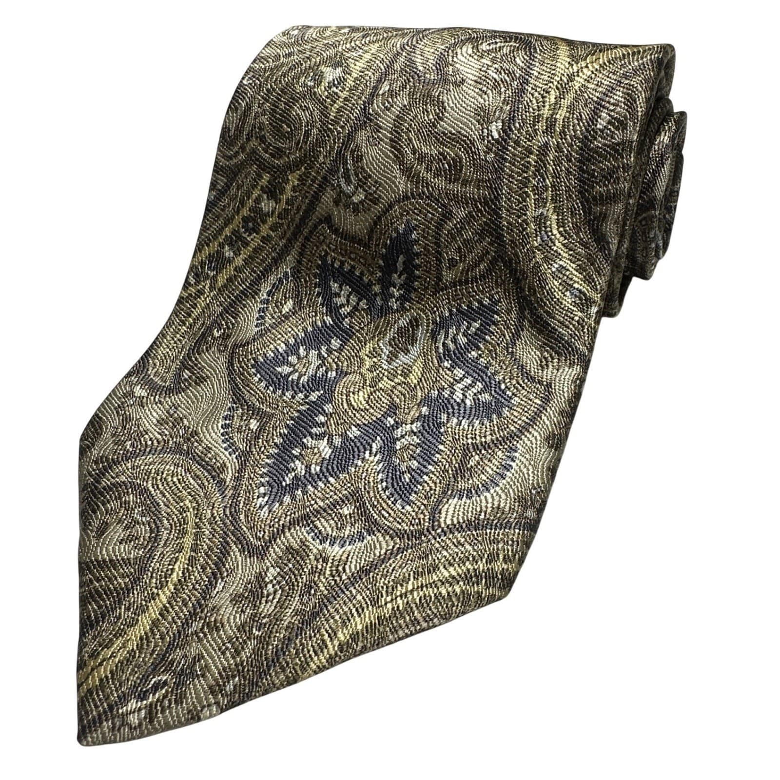 Van Heusen Mens Silk Tie Gold Green Navy Paisley Floral Woven Necktie - Thumbnail 5