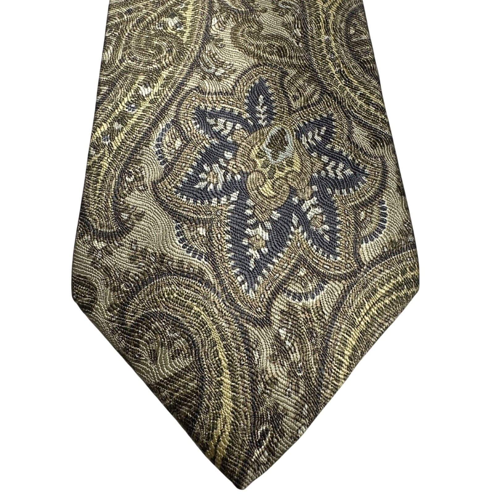 Van Heusen Mens Silk Tie Gold Green Navy Paisley Floral Woven Necktie - Thumbnail 2