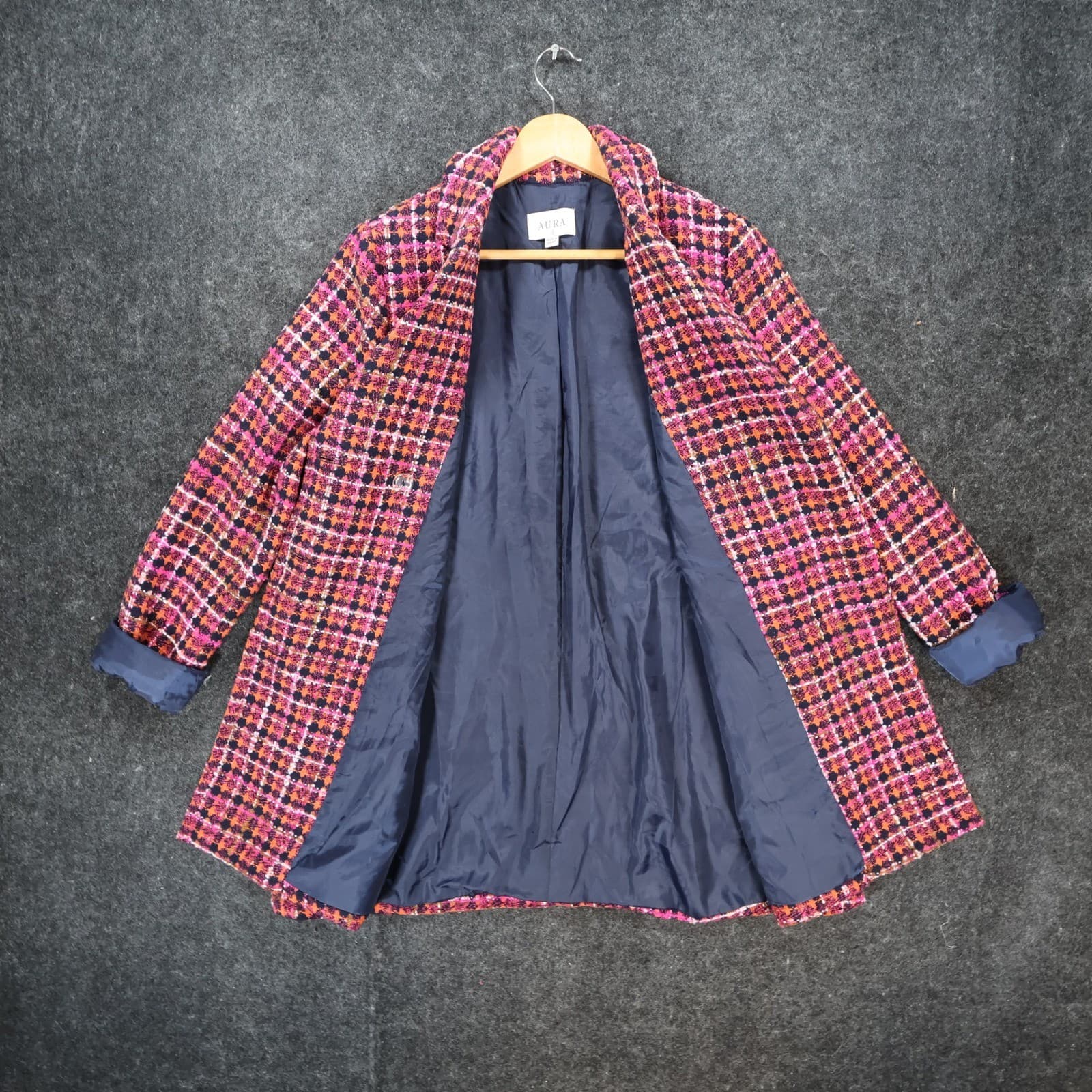 Aura Tweed Coat Women Small Pink Excellent Double Breasted Plaid Peacoat - Thumbnail 9
