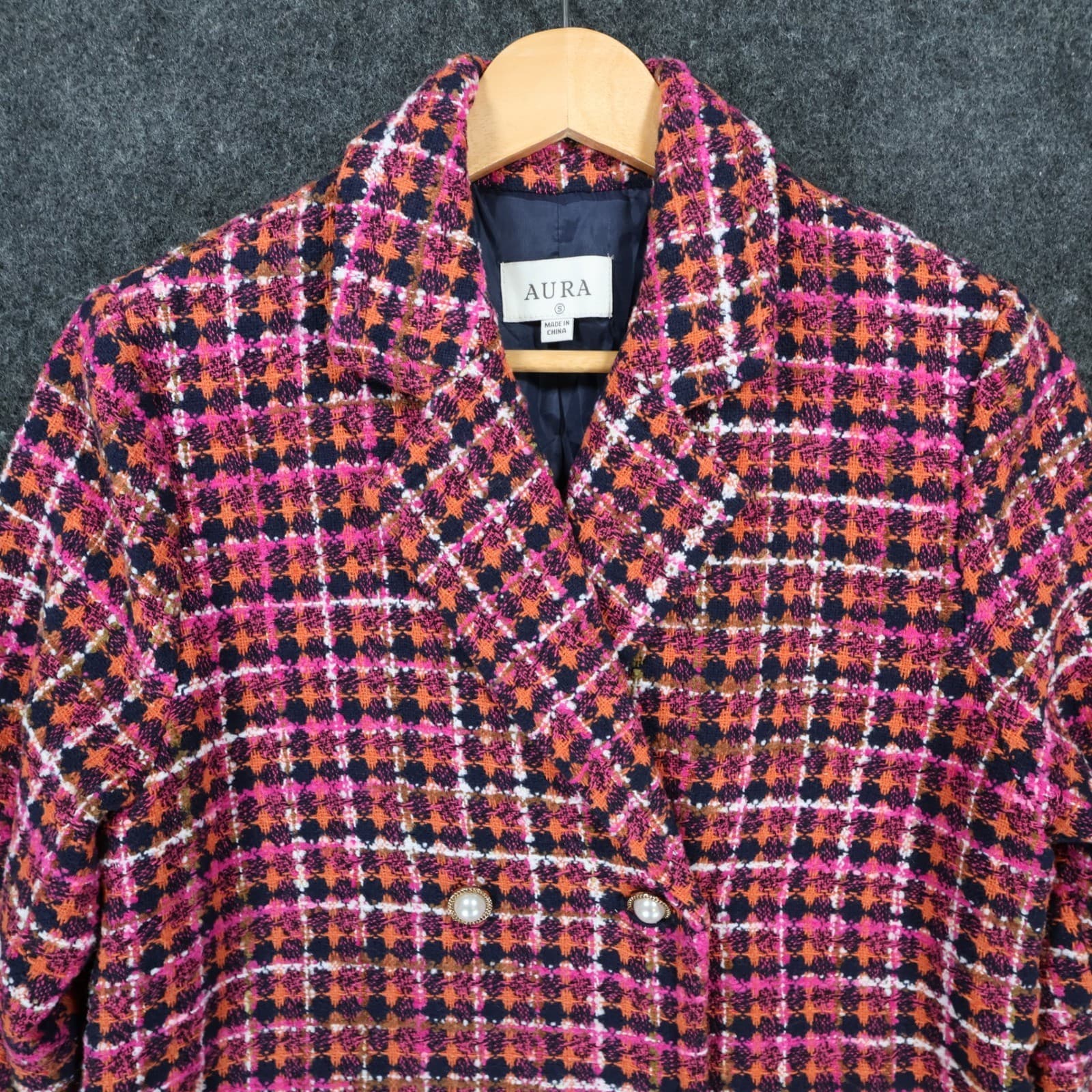 Aura Tweed Coat Women Small Pink Excellent Double Breasted Plaid Peacoat - Thumbnail 10